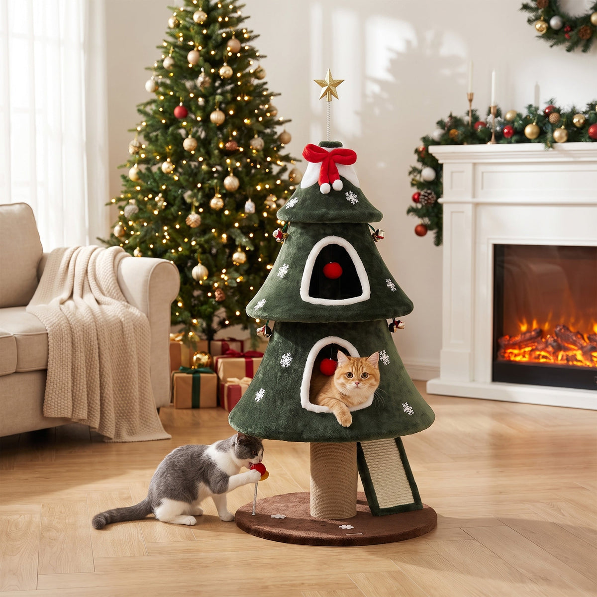 Cat Tree, Christmas Cat Tower with Dual Condos, Sisal Ladder, Jute Posts, Anti-Tip Rope, Hanging Balls, Scratching Post for Indoor Kittens, 60 x 60 x 132 cm, Green