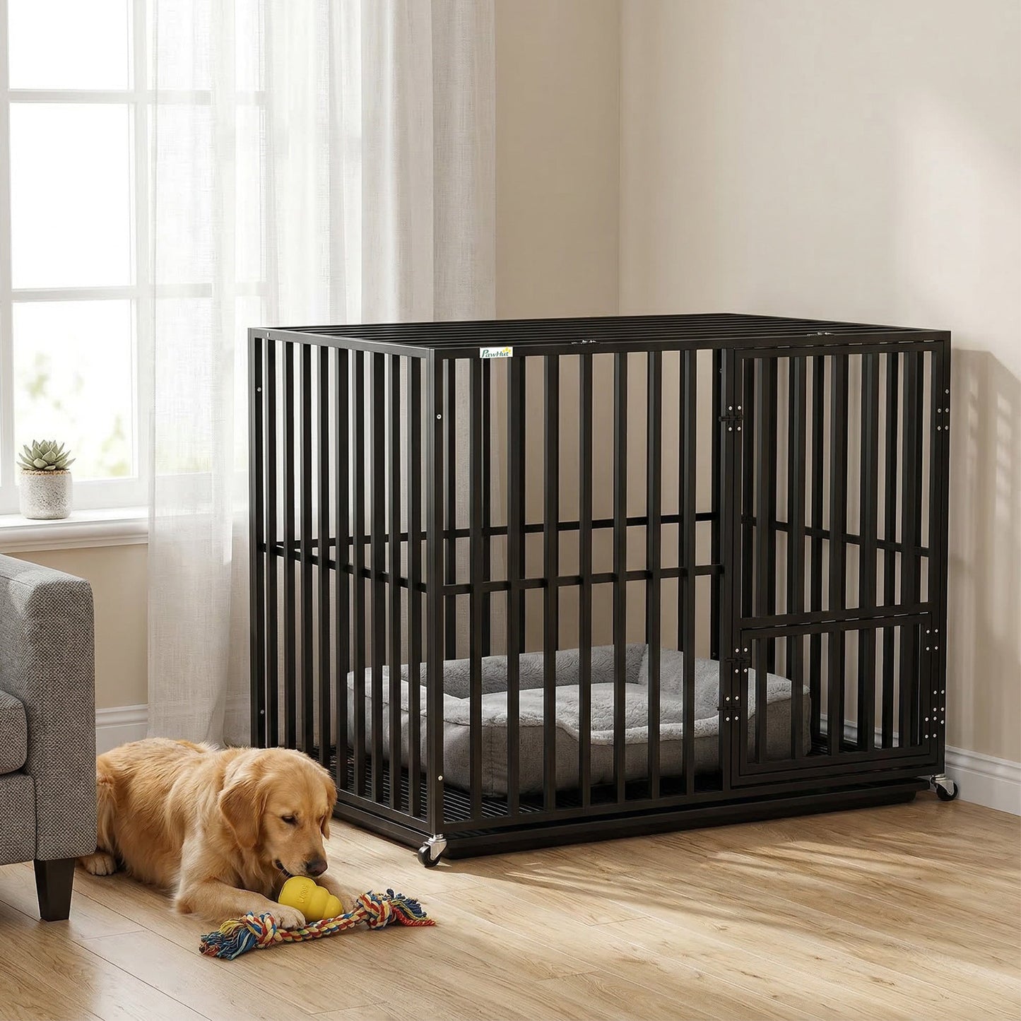 Heavy Duty Dog Crate, Dog Cage with Wheels for Extra Large Breeds, Metal Pet Crate with Removable Tray and 3 Doors for Indoor & Outdoor, 107 x 69 x 81 cm, Black