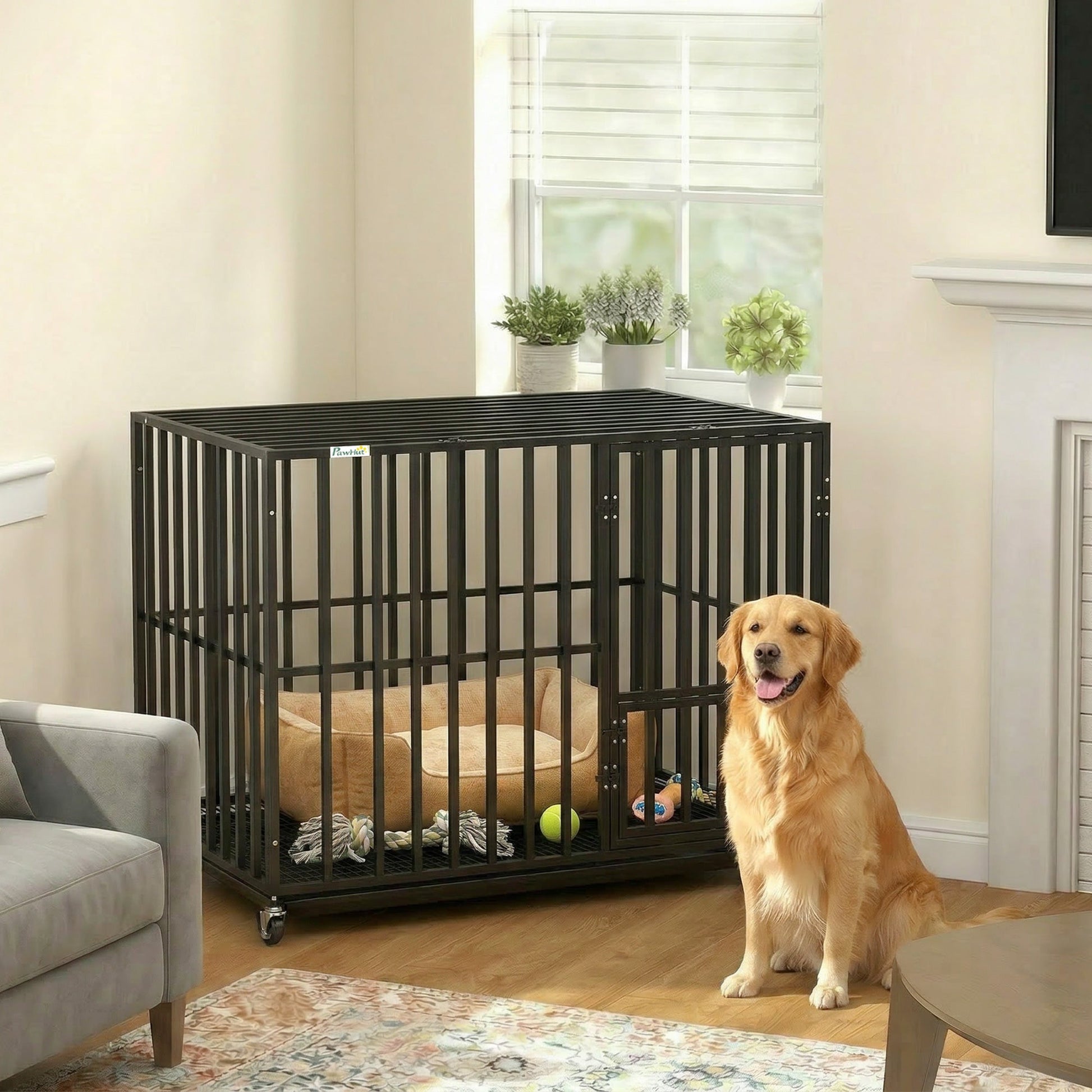 Heavy Duty Dog Crate, Dog Cage with Wheels for Extra Large Breeds, Metal Pet Crate with Removable Tray and 3 Doors for Indoor & Outdoor, 107 x 69 x 81 cm, Black
