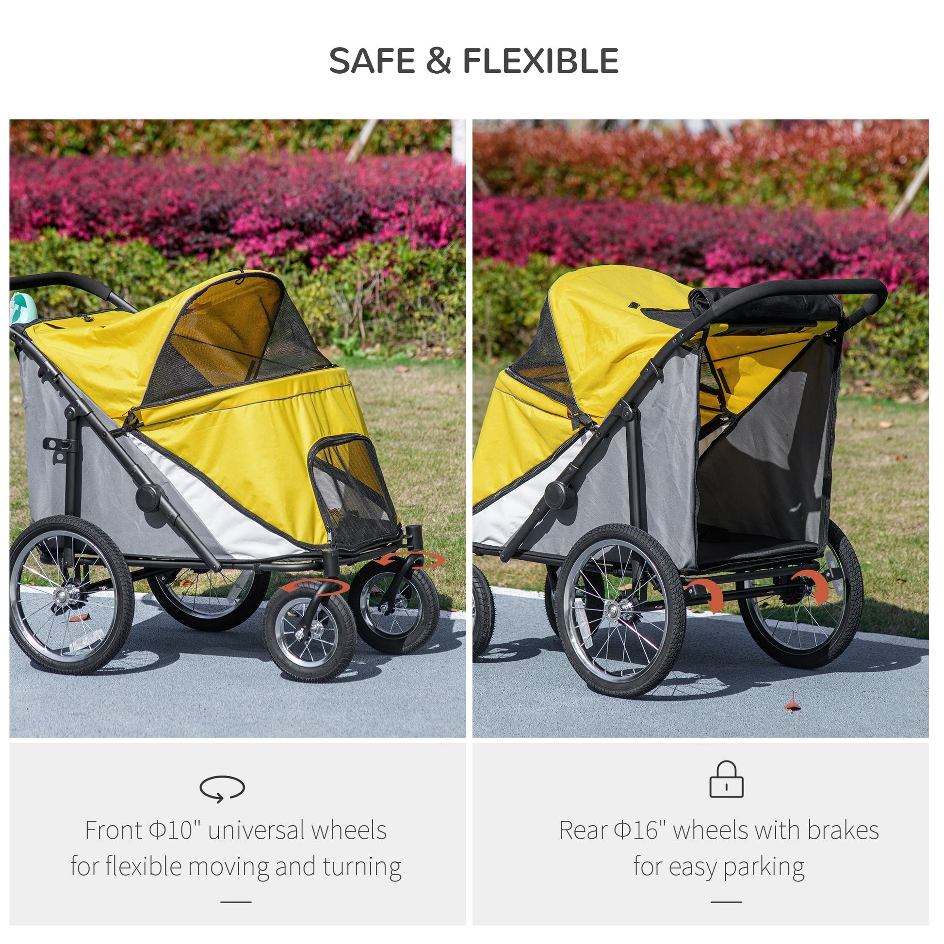 Large Dog Stroller Dog Pram Foldable Pet Pushchair with Safety Leashes for Medium, Large Dogs - Yellow
