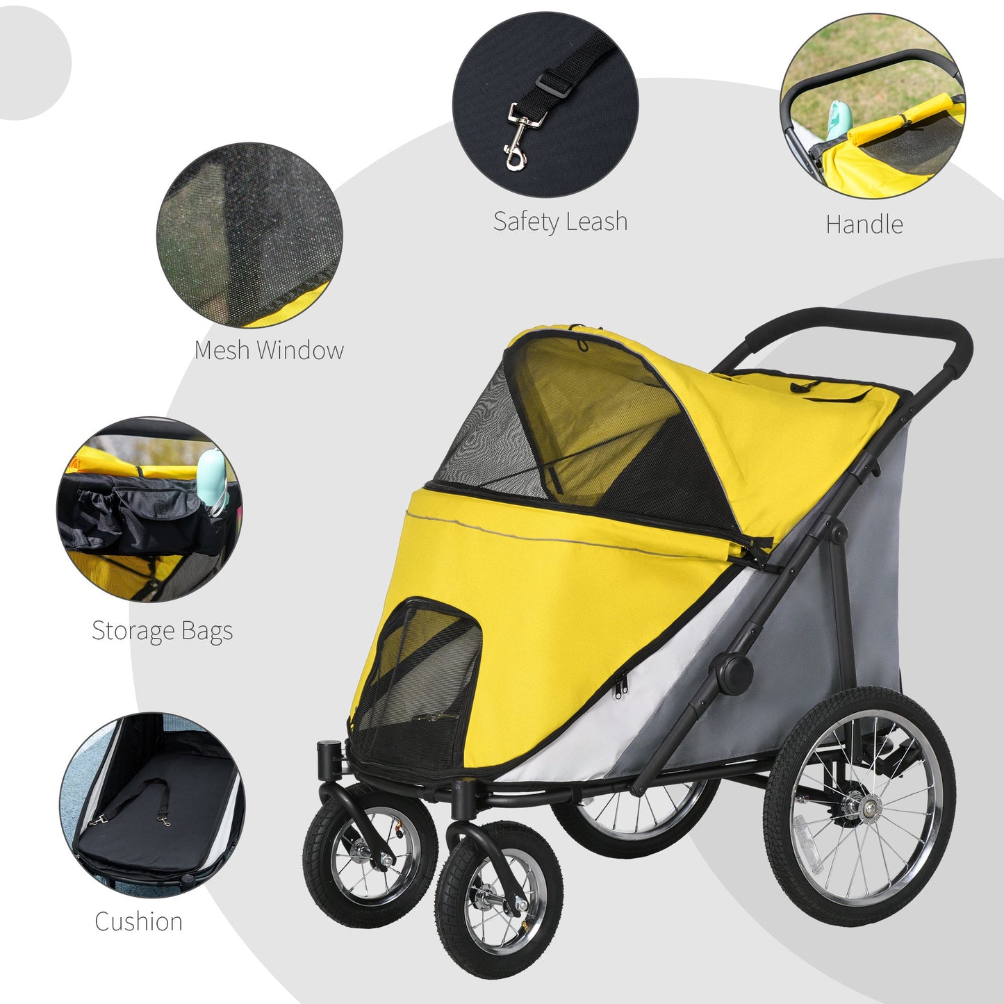 Large Dog Stroller Dog Pram Foldable Pet Pushchair with Safety Leashes for Medium, Large Dogs - Yellow