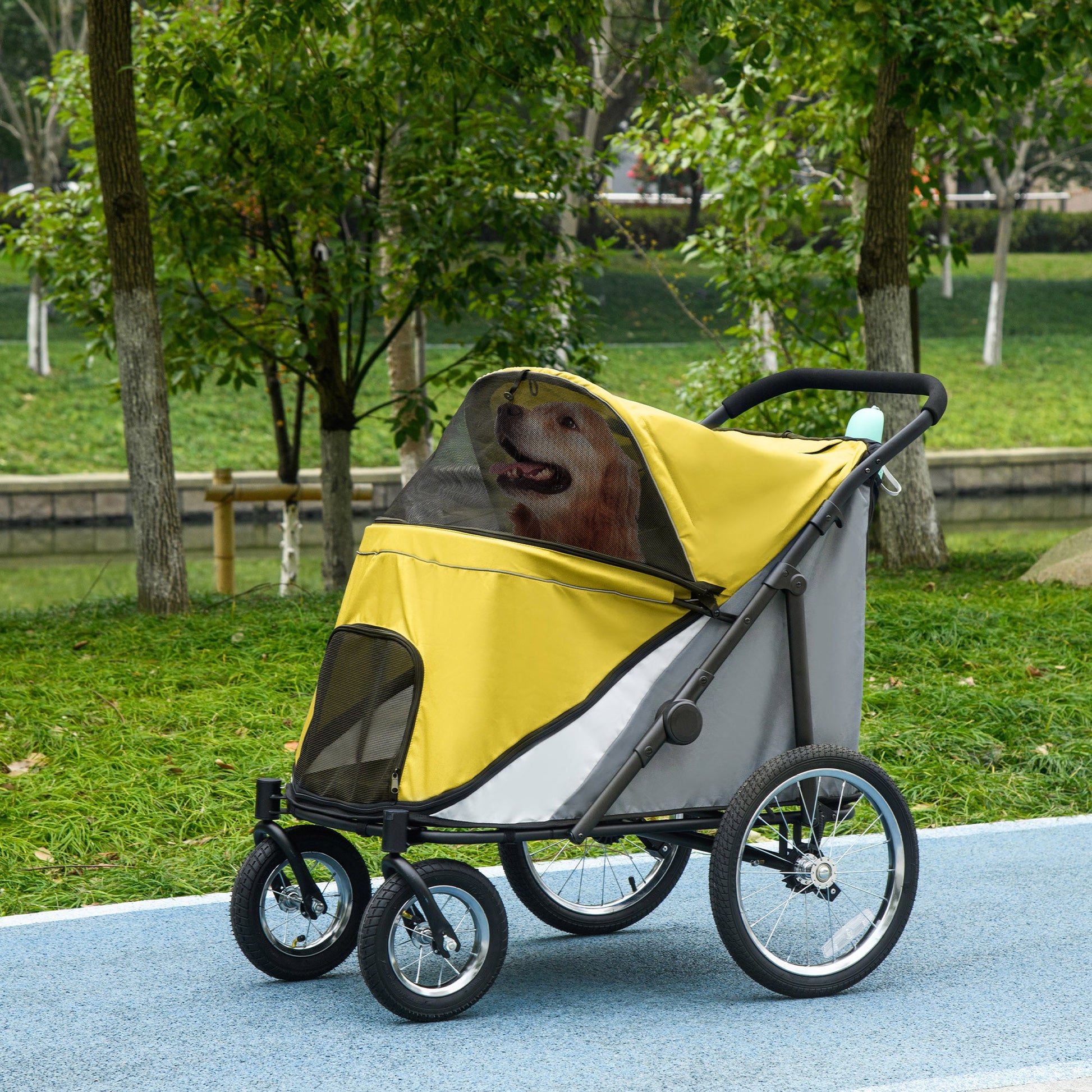 Large Dog Stroller Dog Pram Foldable Pet Pushchair with Safety Leashes for Medium, Large Dogs - Yellow