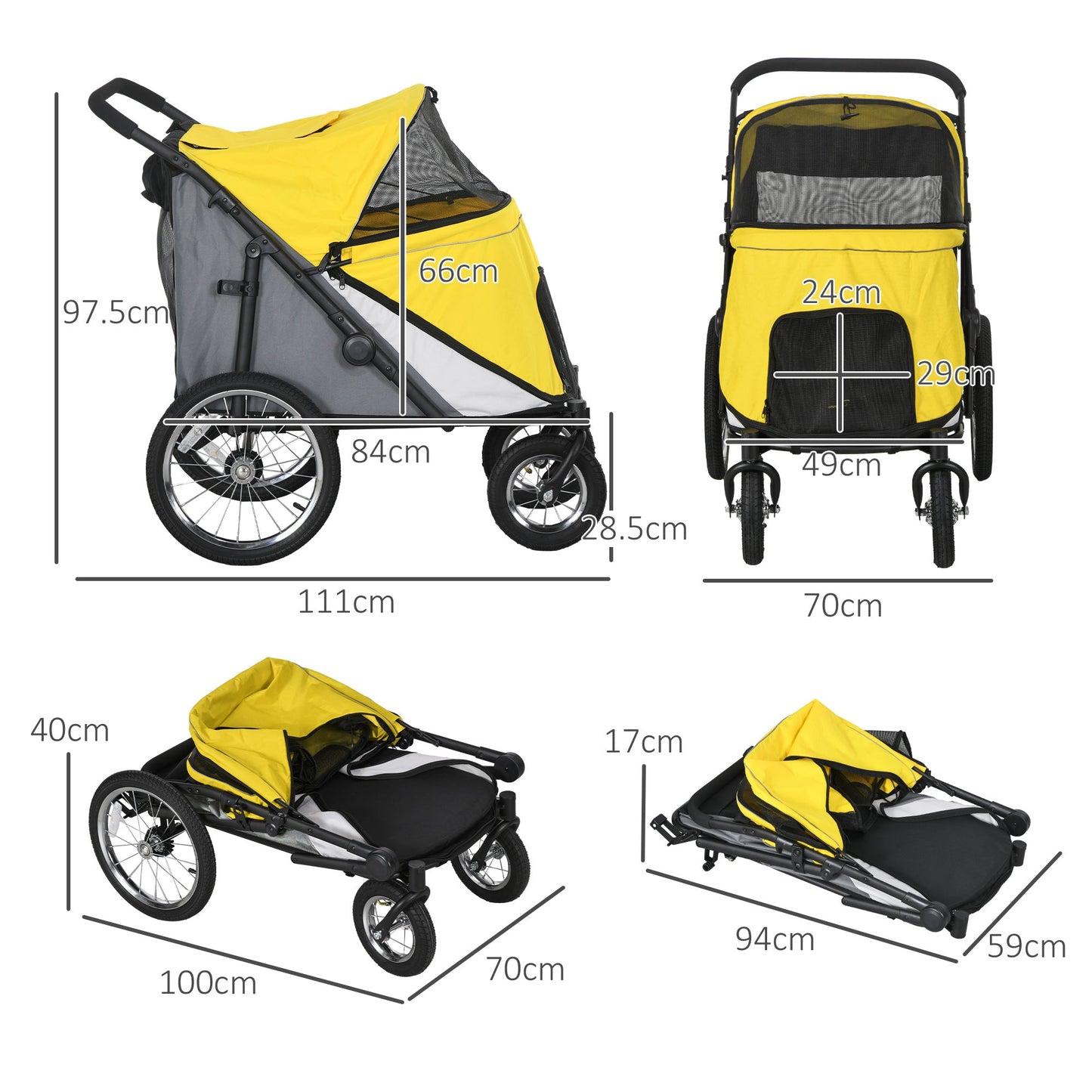 Large Dog Stroller Dog Pram Foldable Pet Pushchair with Safety Leashes for Medium, Large Dogs - Yellow