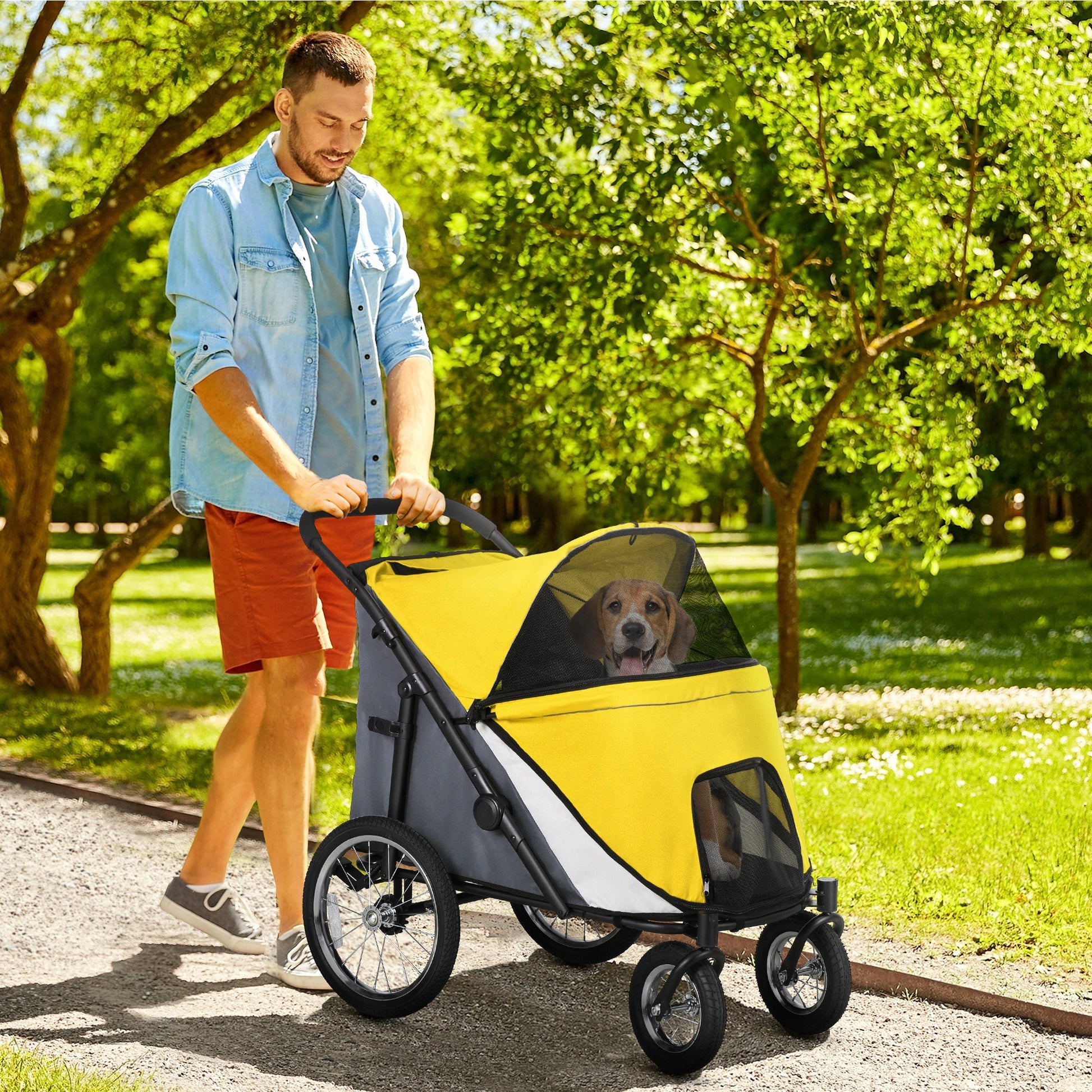 Large Dog Stroller Dog Pram Foldable Pet Pushchair with Safety Leashes for Medium, Large Dogs - Yellow