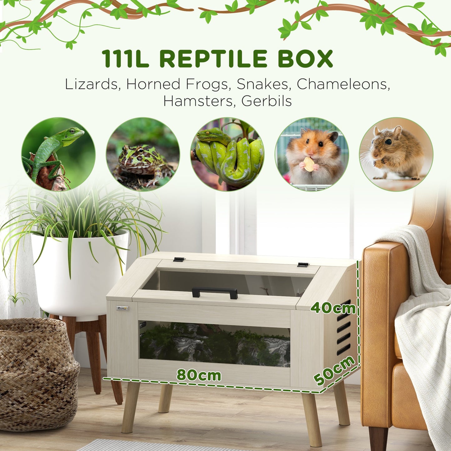 111L Reptile Vivarium Terrarium with Tempered Glass Windows, Openable Top for Snake Lizards, Horned Frogs, Chameleons, Hamsters, Gerbils, 80 x 50 x 60cm
