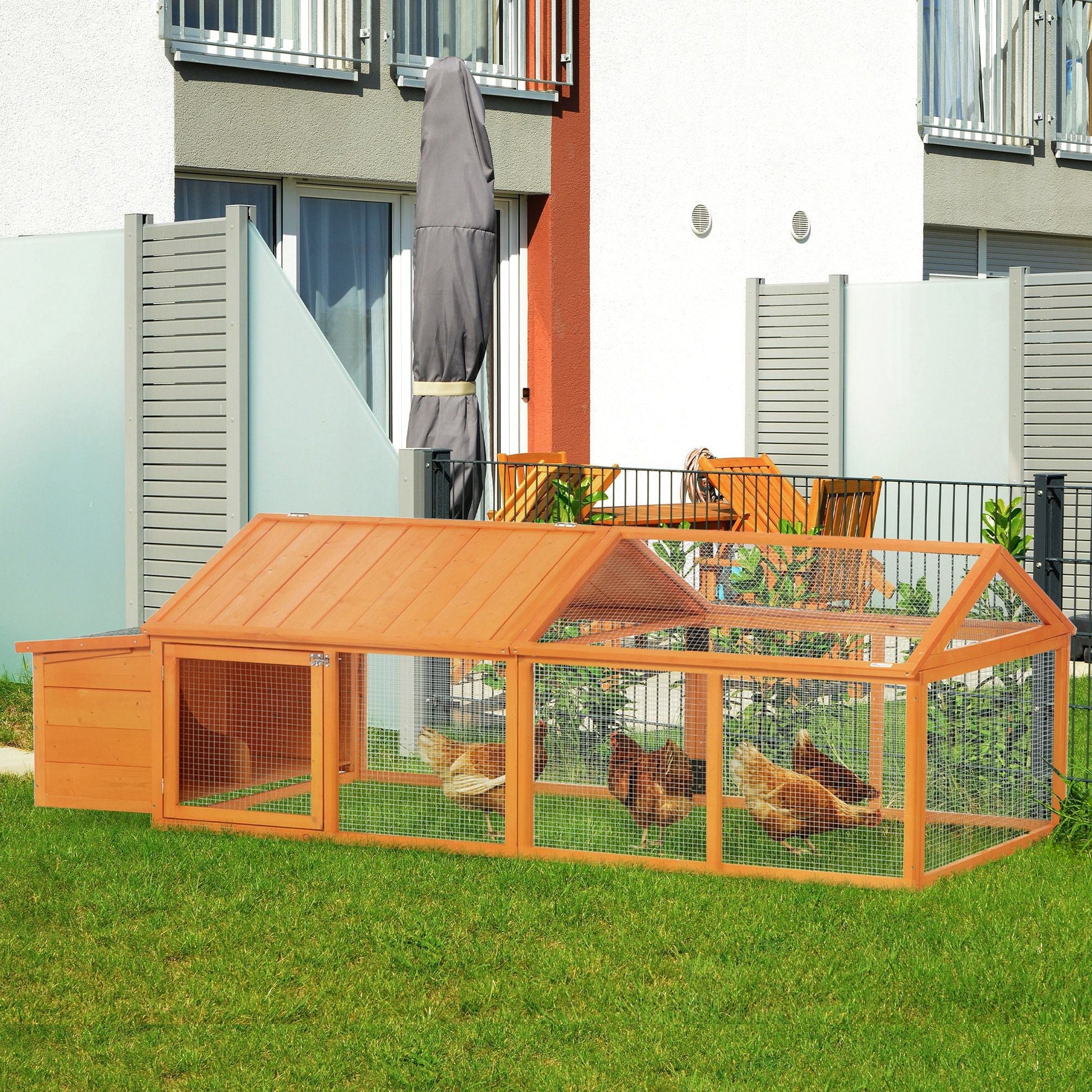 Chicken Run, Wooden Chicken Coop with Nesting Box, Openable Roof for 4-8 Chickens, Rabbits, Ducks, for Garden - Orange