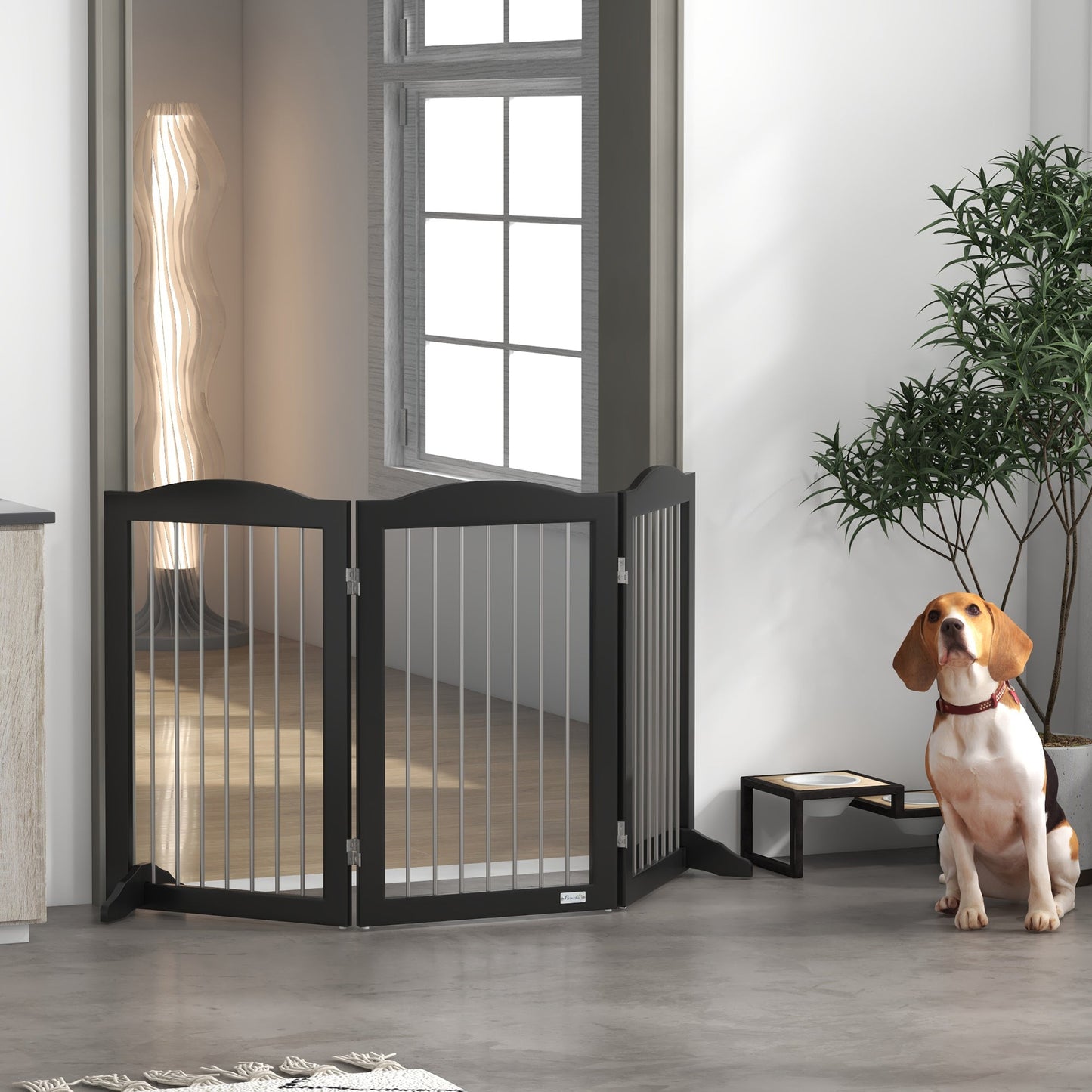 Foldable Dog Gate, Freestanding Pet Gate, Dog Barrier with Two Support Feet, for Doorways, Stairs, Halls - Black