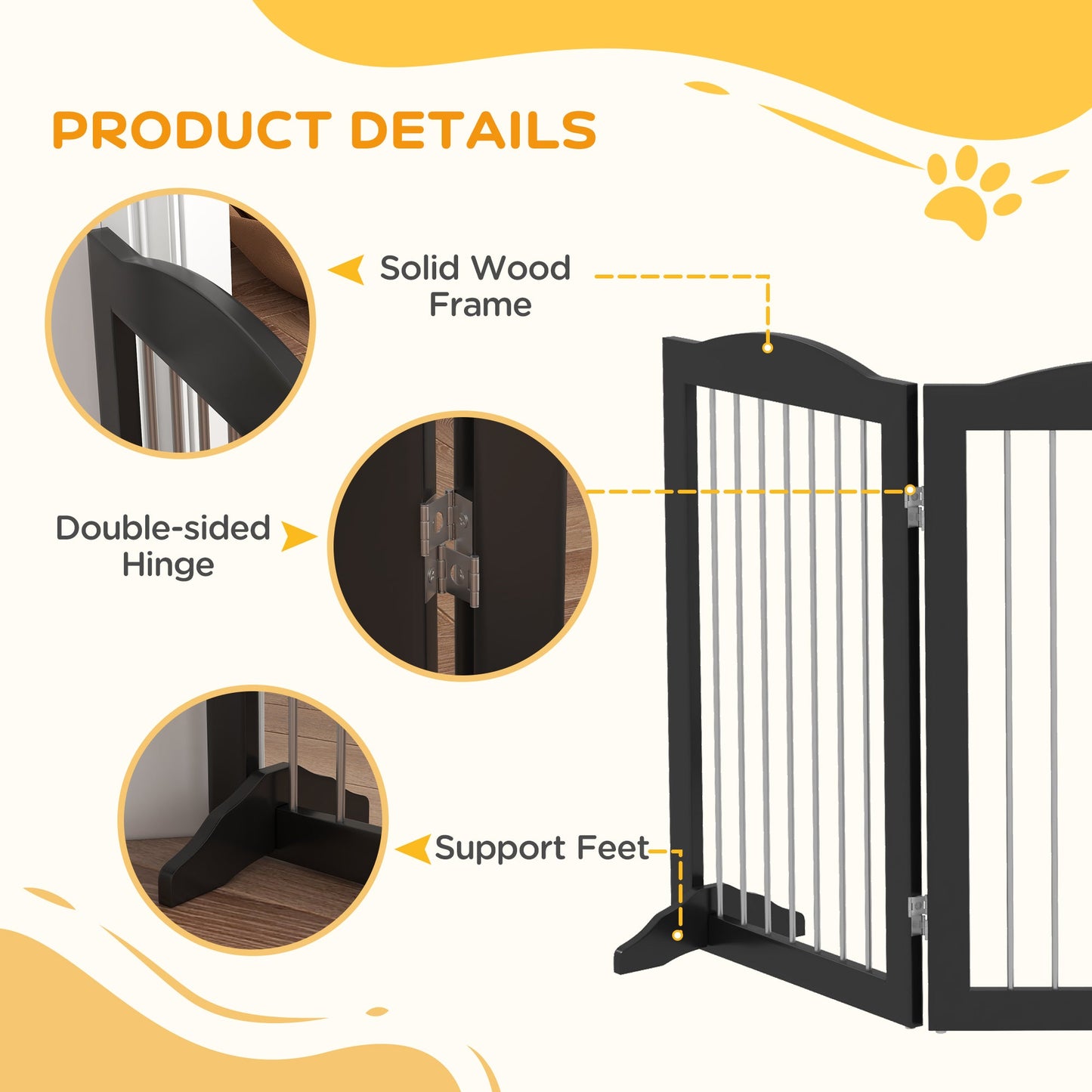 Foldable Dog Gate, Freestanding Pet Gate, Dog Barrier with Two Support Feet, for Doorways, Stairs, Halls - Black