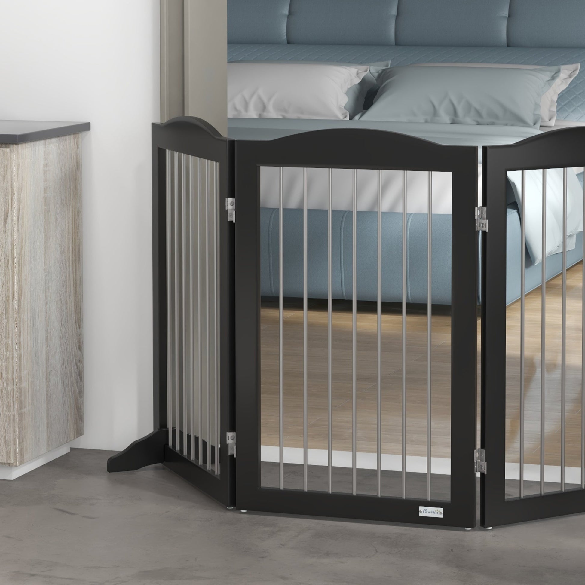 Foldable Dog Gate, Freestanding Pet Gate, Dog Barrier with Two Support Feet, for Doorways, Stairs, Halls - Black