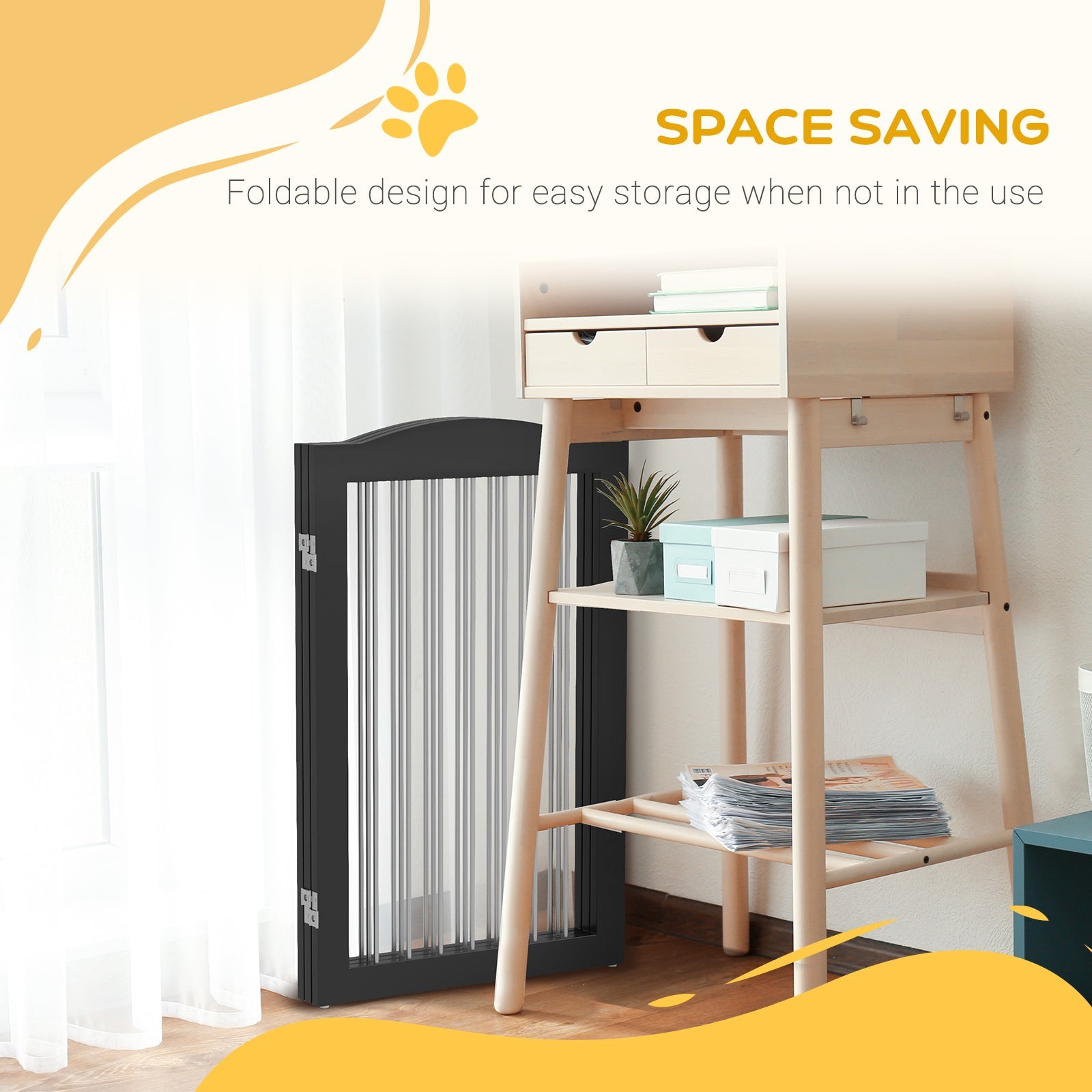 Foldable Dog Gate, Freestanding Pet Gate, Dog Barrier with Two Support Feet, for Doorways, Stairs, Halls - Black