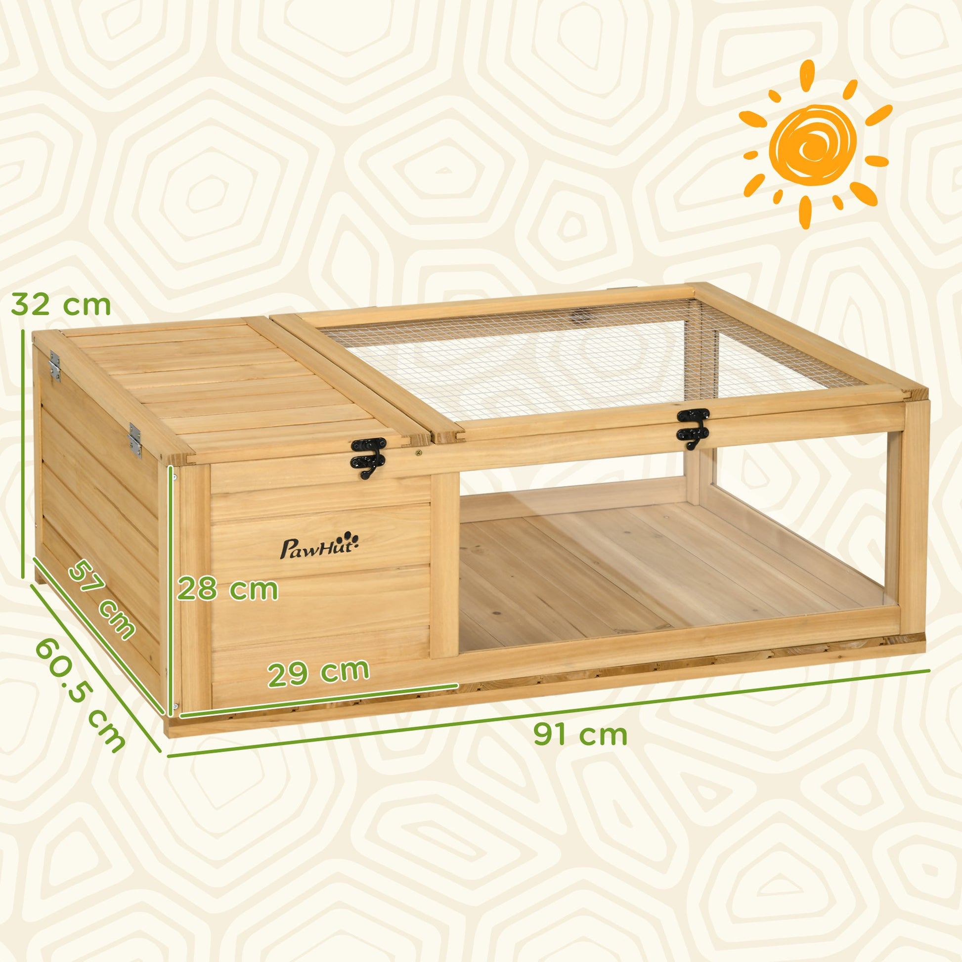 Tortoise House with Mesh Roof, Small Reptile Wooden House, Tortoise Enclosure with Removable Side Panel, for Indoor - Light Yellow