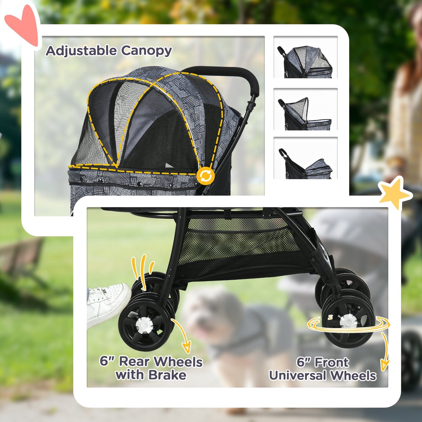 Dog Pram Dog Stroller Pet Pushchair with Universal Wheels, Brake for Small Breeds - Grey