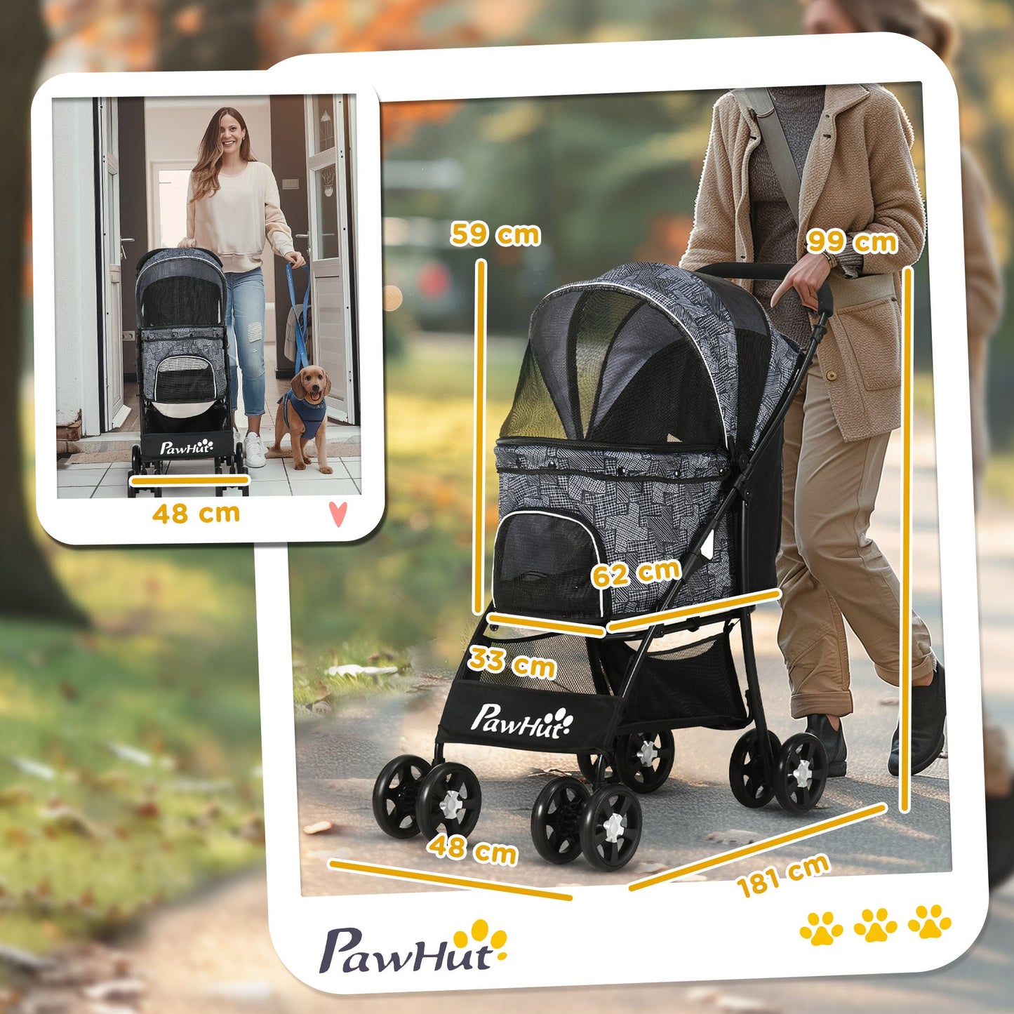 Dog Pram Dog Stroller Pet Pushchair with Universal Wheels, Brake for Small Breeds - Grey
