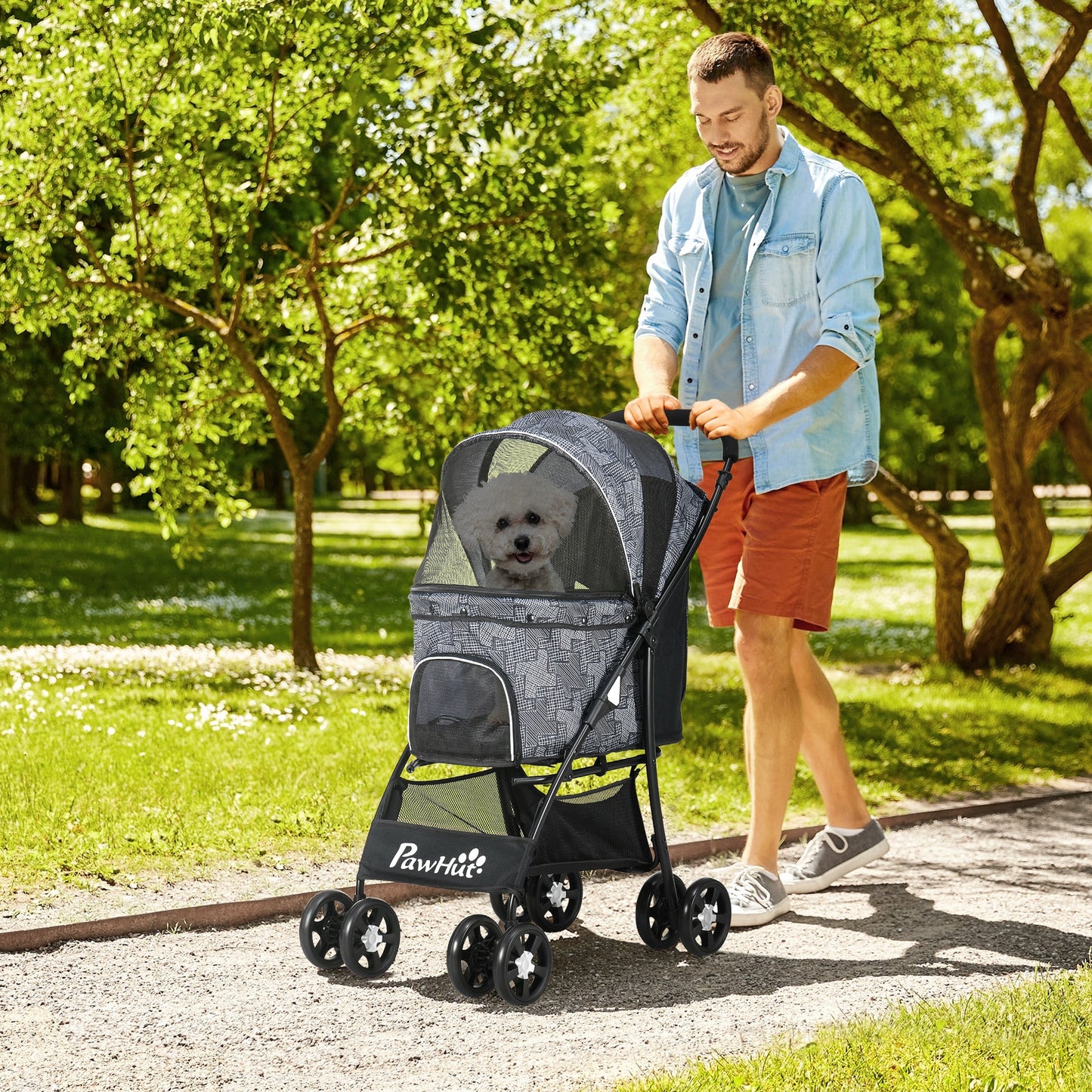 Dog Pram Dog Stroller Pet Pushchair with Universal Wheels, Brake for Small Breeds - Grey