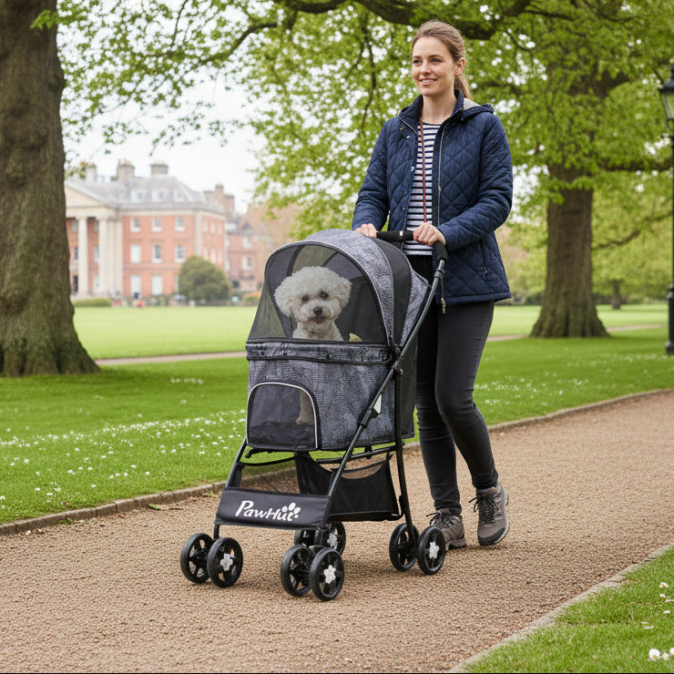 Dog Pram Dog Stroller Pet Pushchair with Universal Wheels, Brake for Small Breeds - Grey