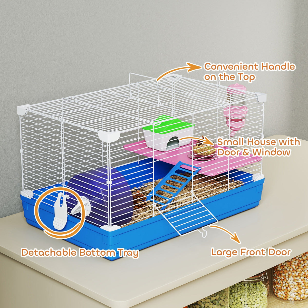 Hamster Cage, Small Gerbil Cage 2 Tiers Portable w/ Handle, Exercise Wheel, Water Bottle, Dishes, Blue