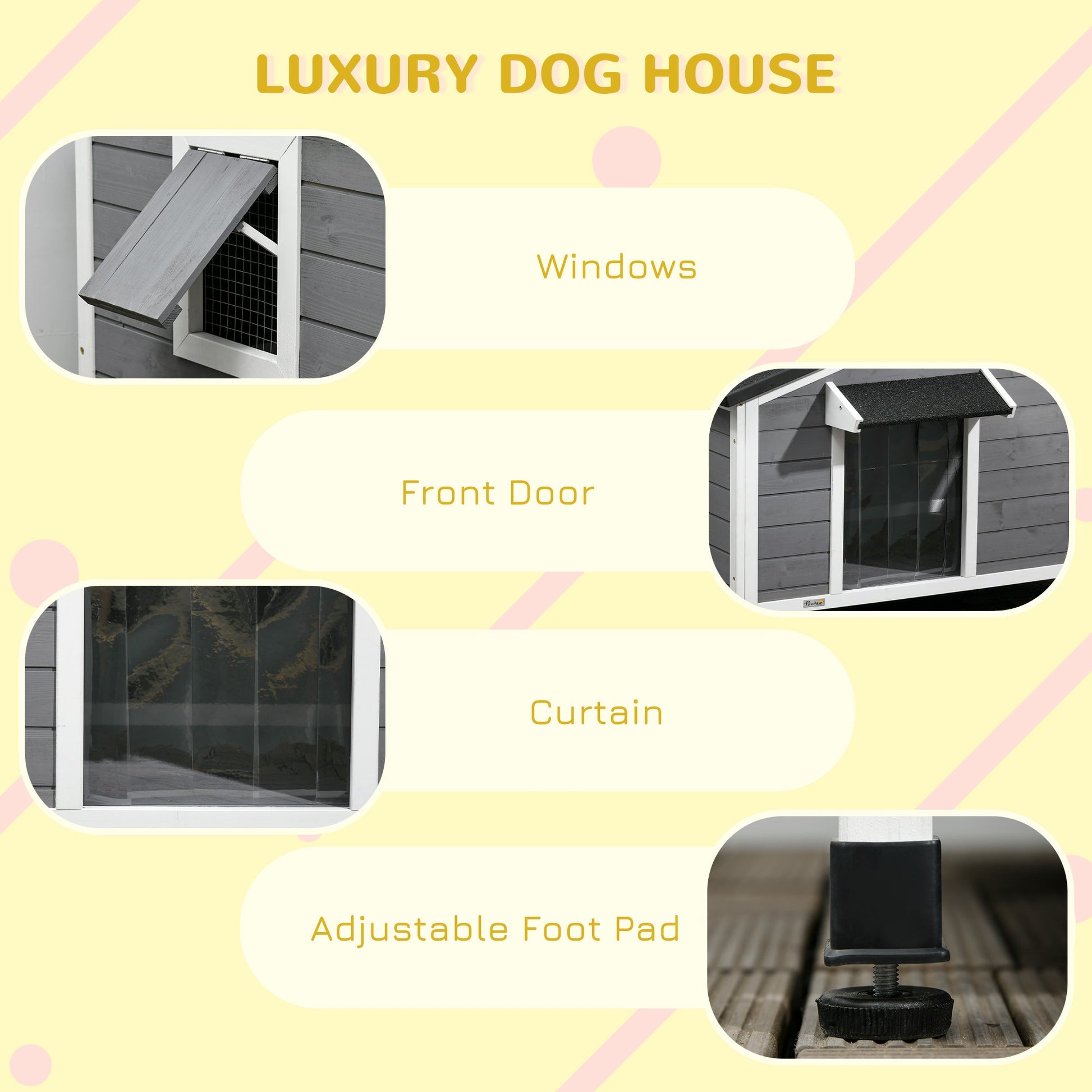 Wooden Dog Kennel Outdoor, Elevated Dog House for Outside, with Openable Top, Asphalt Roof, Windows, Curtain, Removable Tray, Adjustable Legs, 65H x 97L x 72Wcm, Grey