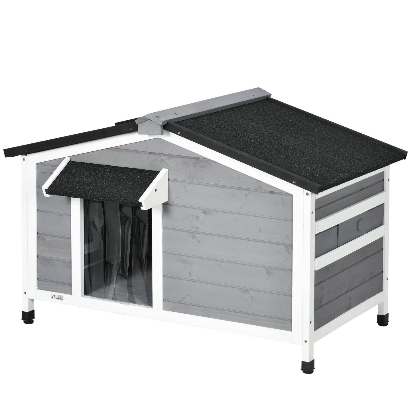Wooden Dog Kennel Outdoor, Elevated Dog House for Outside, with Openable Top, Asphalt Roof, Windows, Curtain, Removable Tray, Adjustable Legs, 65H x 97L x 72Wcm, Grey