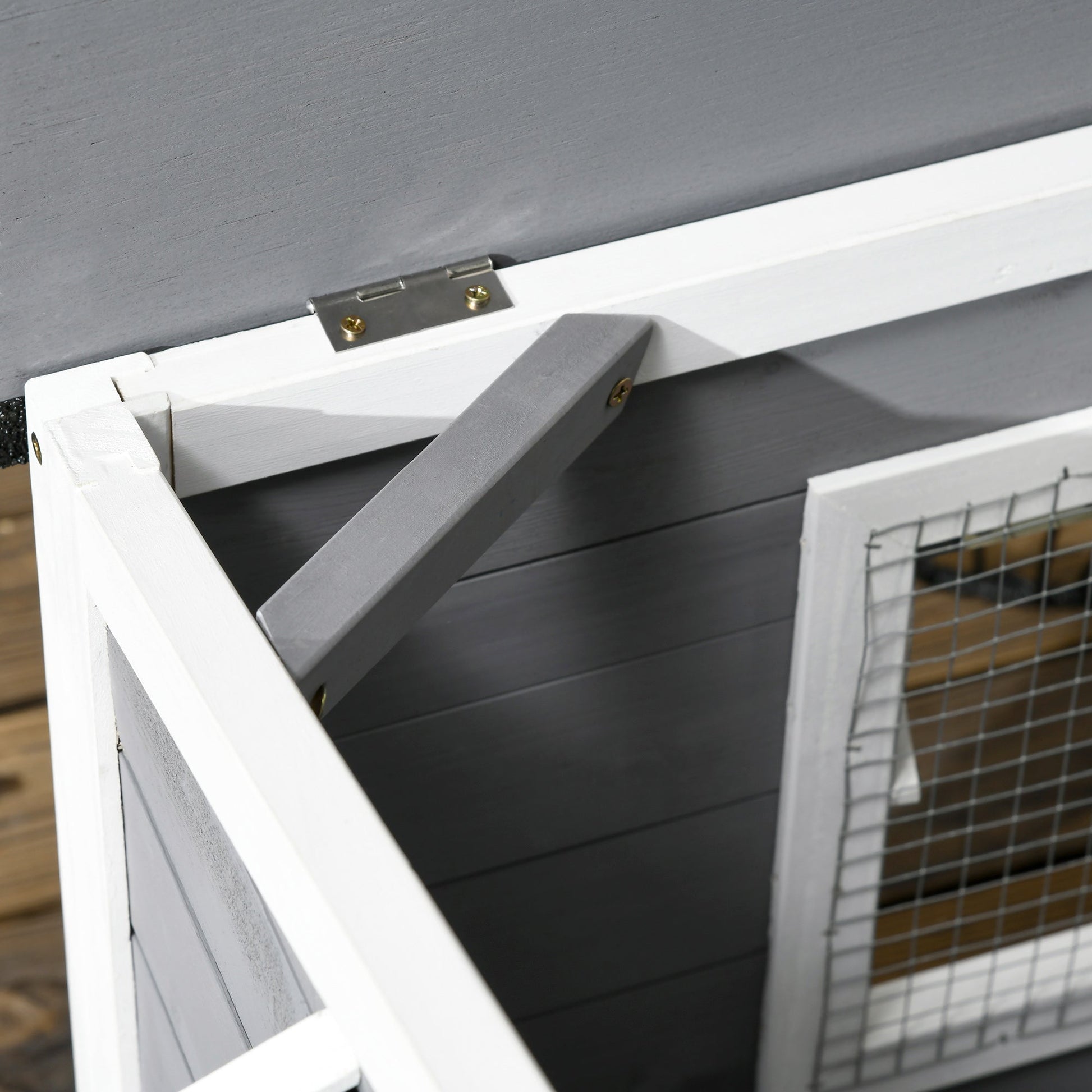 Wooden Dog Kennel Outdoor, Elevated Dog House for Outside, with Openable Top, Asphalt Roof, Windows, Curtain, Removable Tray, Adjustable Legs, 65H x 97L x 72Wcm, Grey