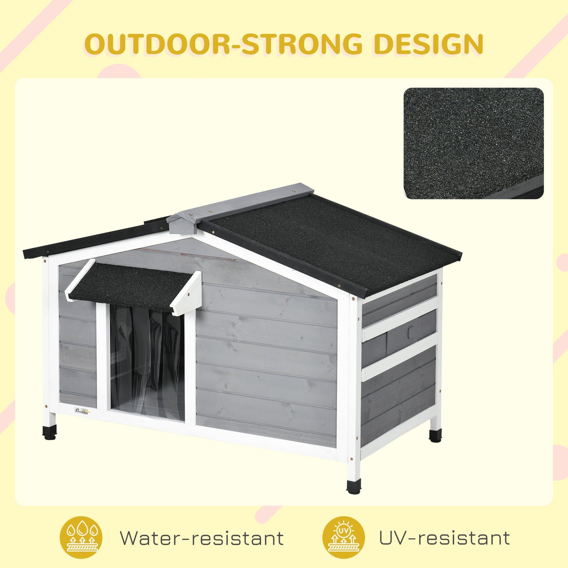 Wooden Dog Kennel Outdoor, Elevated Dog House for Outside, with Openable Top, Asphalt Roof, Windows, Curtain, Removable Tray, Adjustable Legs, 65H x 97L x 72Wcm, Grey