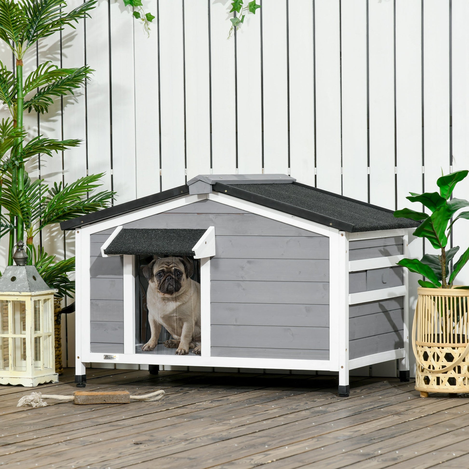 Wooden Dog Kennel Outdoor, Elevated Dog House for Outside, with Openable Top, Asphalt Roof, Windows, Curtain, Removable Tray, Adjustable Legs, 65H x 97L x 72Wcm, Grey