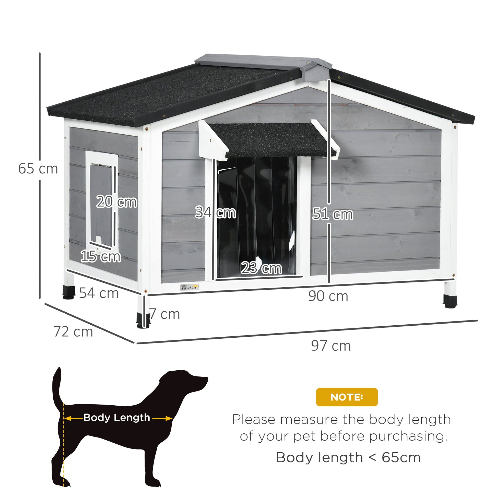 Wooden Dog Kennel Outdoor, Elevated Dog House for Outside, with Openable Top, Asphalt Roof, Windows, Curtain, Removable Tray, Adjustable Legs, 65H x 97L x 72Wcm, Grey