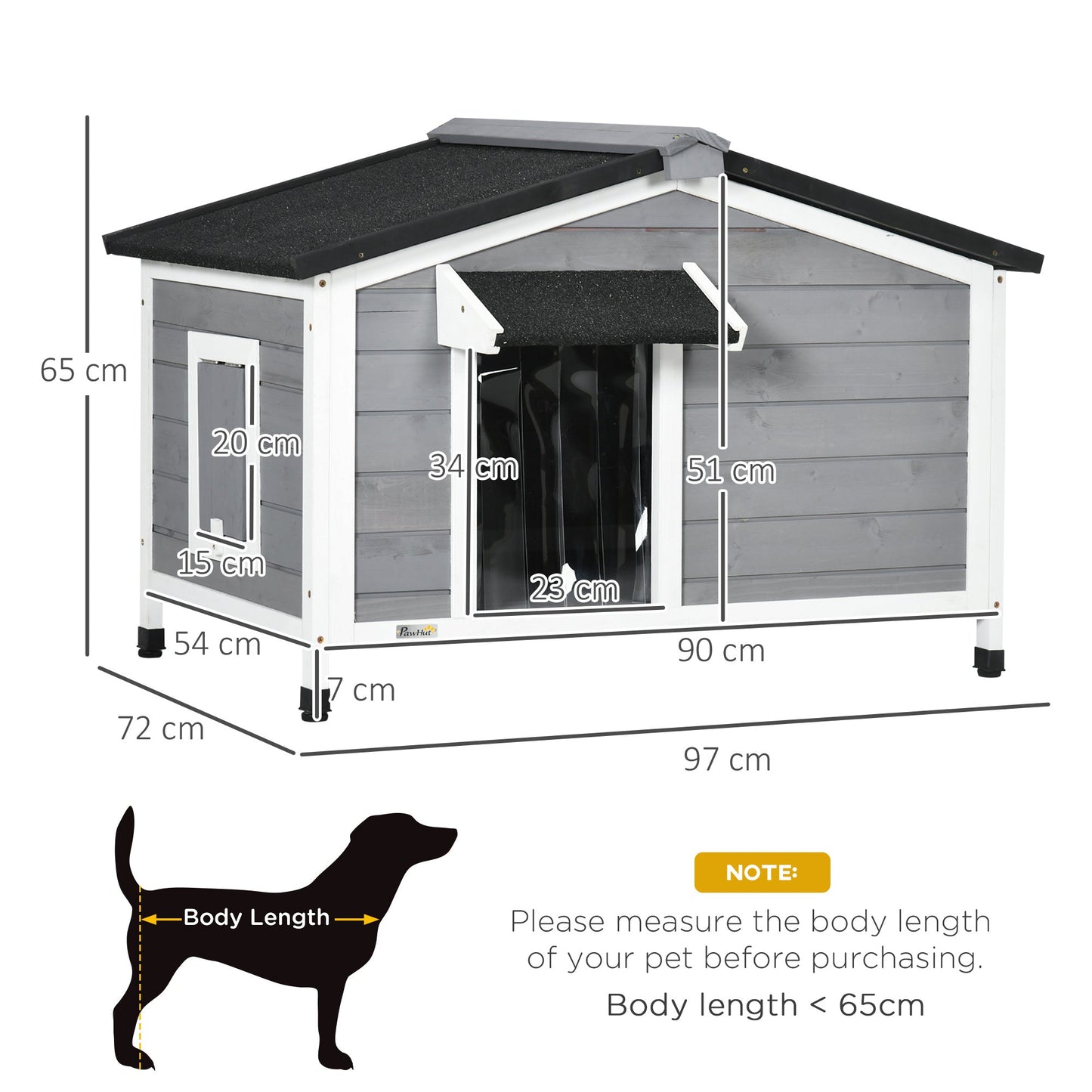 Wooden Dog Kennel Outdoor, Elevated Dog House for Outside, with Openable Top, Asphalt Roof, Windows, Curtain, Removable Tray, Adjustable Legs, 65H x 97L x 72Wcm, Grey