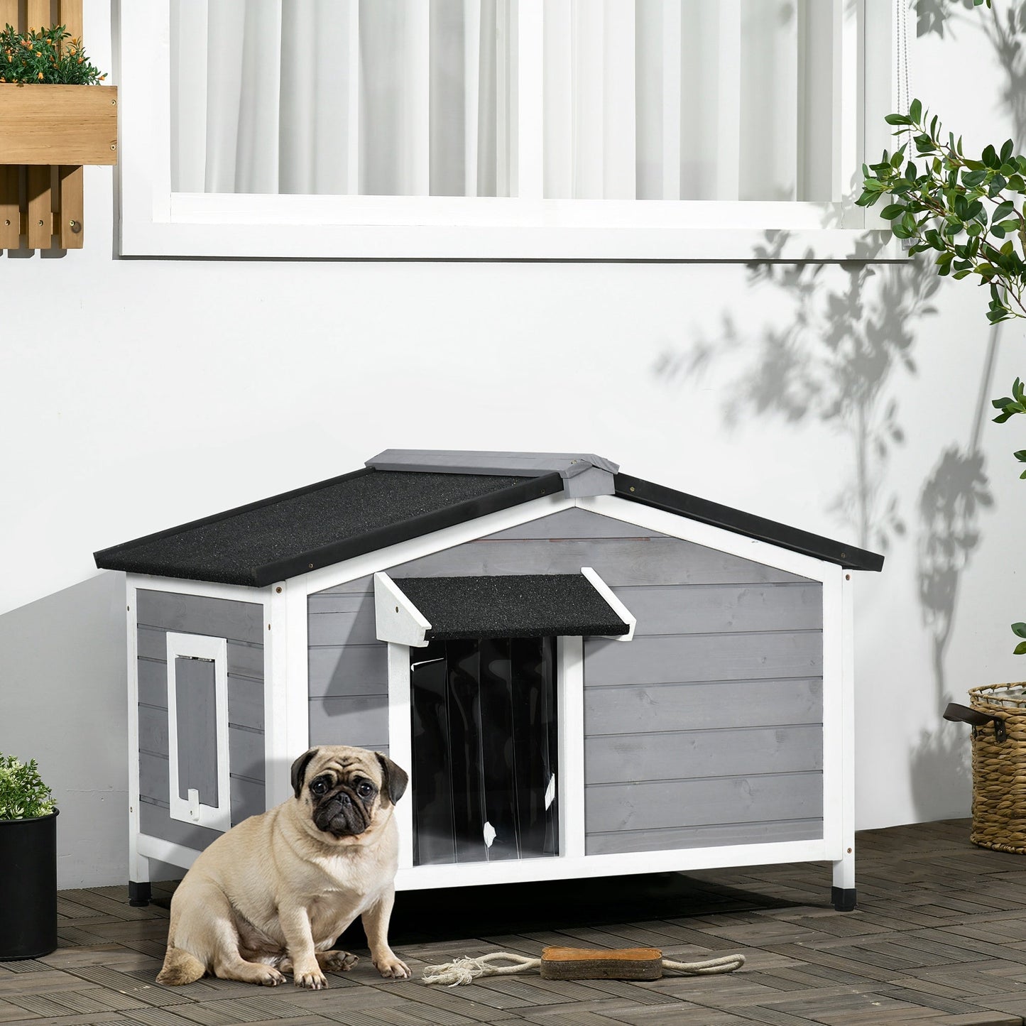 Wooden Dog Kennel Outdoor, Elevated Dog House for Outside, with Openable Top, Asphalt Roof, Windows, Curtain, Removable Tray, Adjustable Legs, 65H x 97L x 72Wcm, Grey