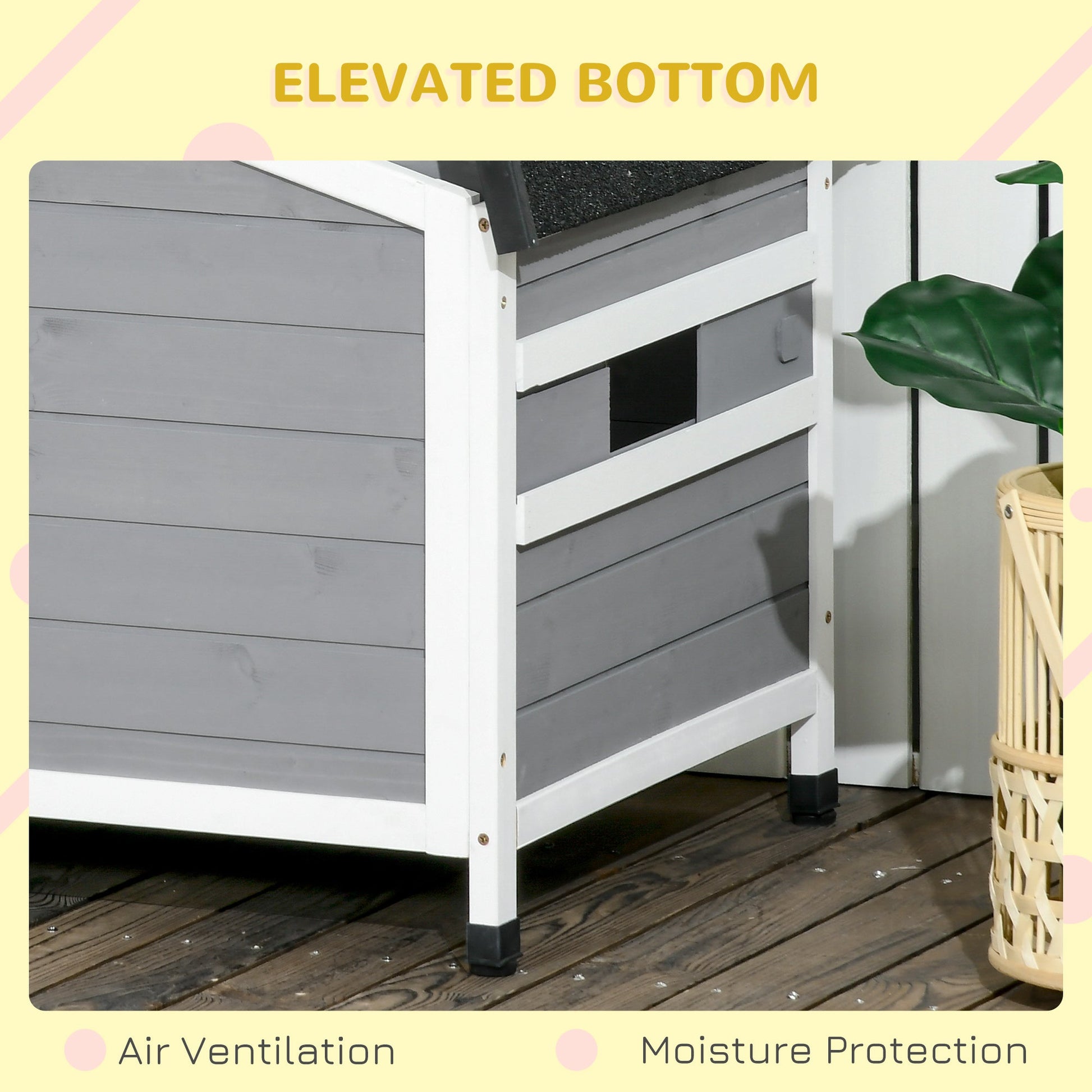 Wooden Dog Kennel Outdoor, Elevated Dog House for Outside, with Openable Top, Asphalt Roof, Windows, Curtain, Removable Tray, Adjustable Legs, 65H x 97L x 72Wcm, Grey