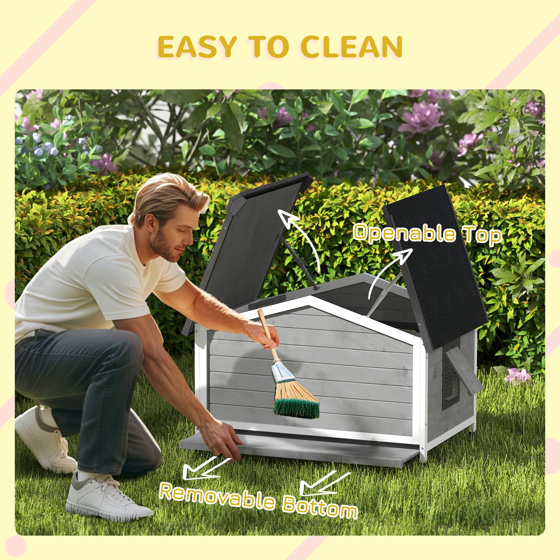 Wooden Dog Kennel Outdoor, Elevated Dog House for Outside, with Openable Top, Asphalt Roof, Windows, Curtain, Removable Tray, Adjustable Legs, 65H x 97L x 72Wcm, Grey