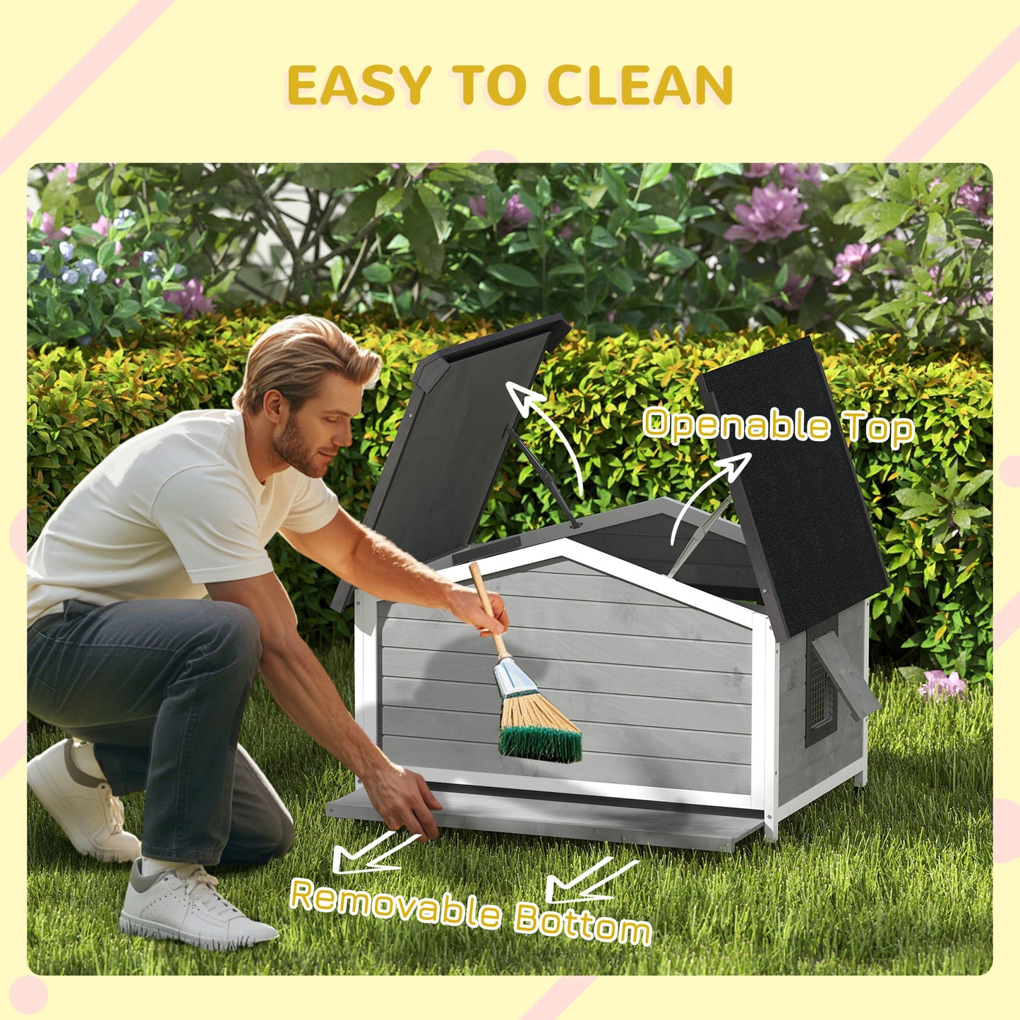 Wooden Dog Kennel Outdoor, Elevated Dog House for Outside, with Openable Top, Asphalt Roof, Windows, Curtain, Removable Tray, Adjustable Legs, 65H x 97L x 72Wcm, Grey