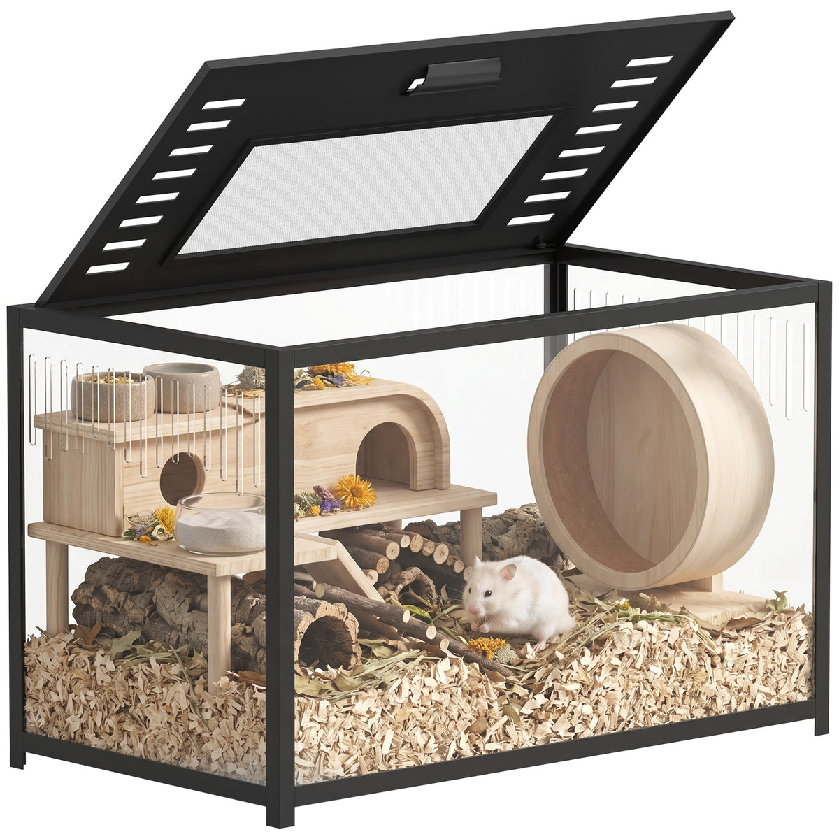 Hamster Cage, Chewproof Metal Rat Cage with Deep Base, Openable Top & Excellent Ventilation, Transparent Small Animal Habitat for Syrian Dwarf Hamster, Gerbil, 80 x 45 x 50.5 cm, Black