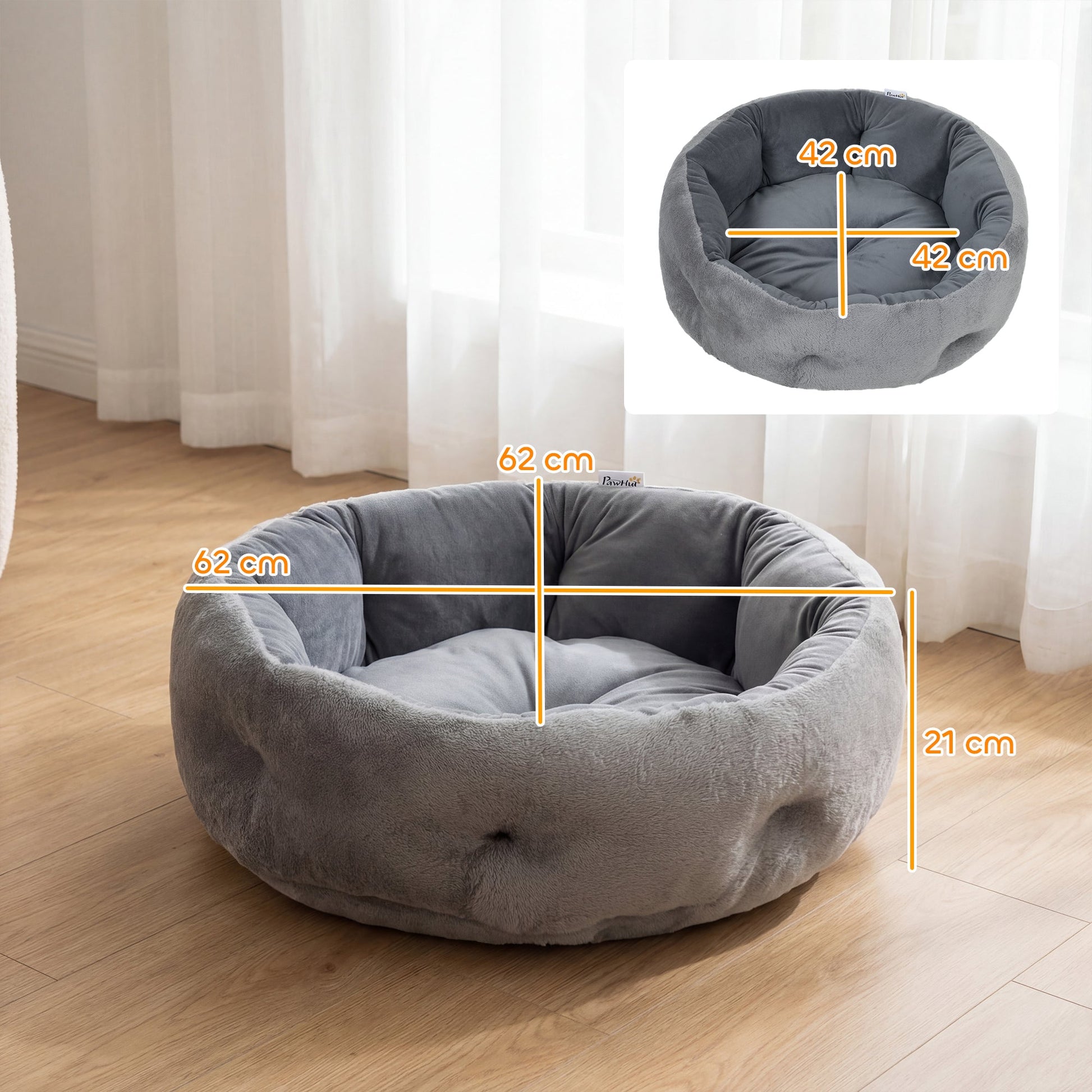 Cat Bed, Reversible Dog Pet Bed for Indoor Cats and Small Dogs, Round Bed with Supportive Bolster, Dark Grey