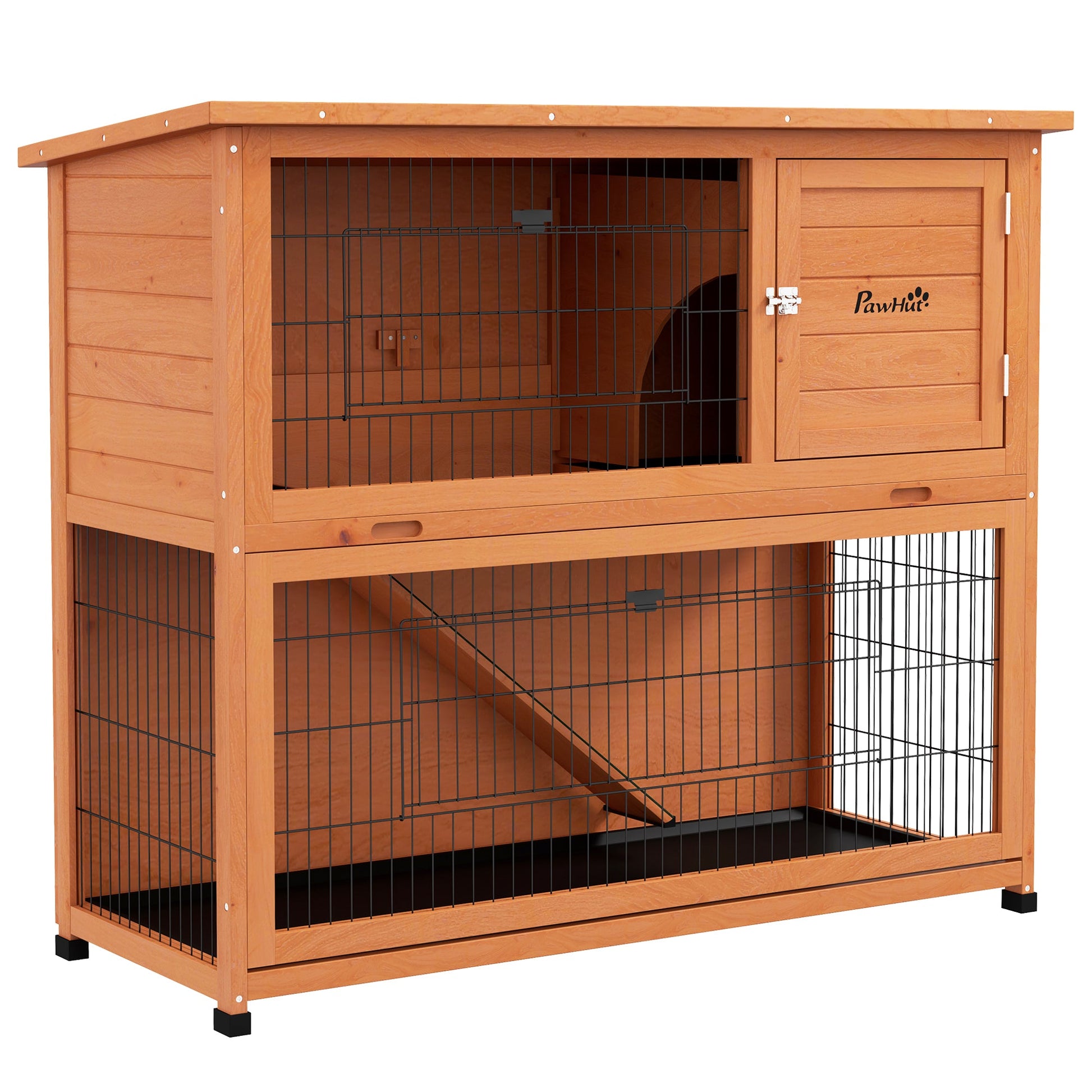Rabbit Hutch Guinea Pig Hutch Wooden with No-Leak Tray, Asphalt Roof, Base, Antiseptic Wood Outdoor for 1-2 Rabbits 120 x 50 x 102cm - Orange