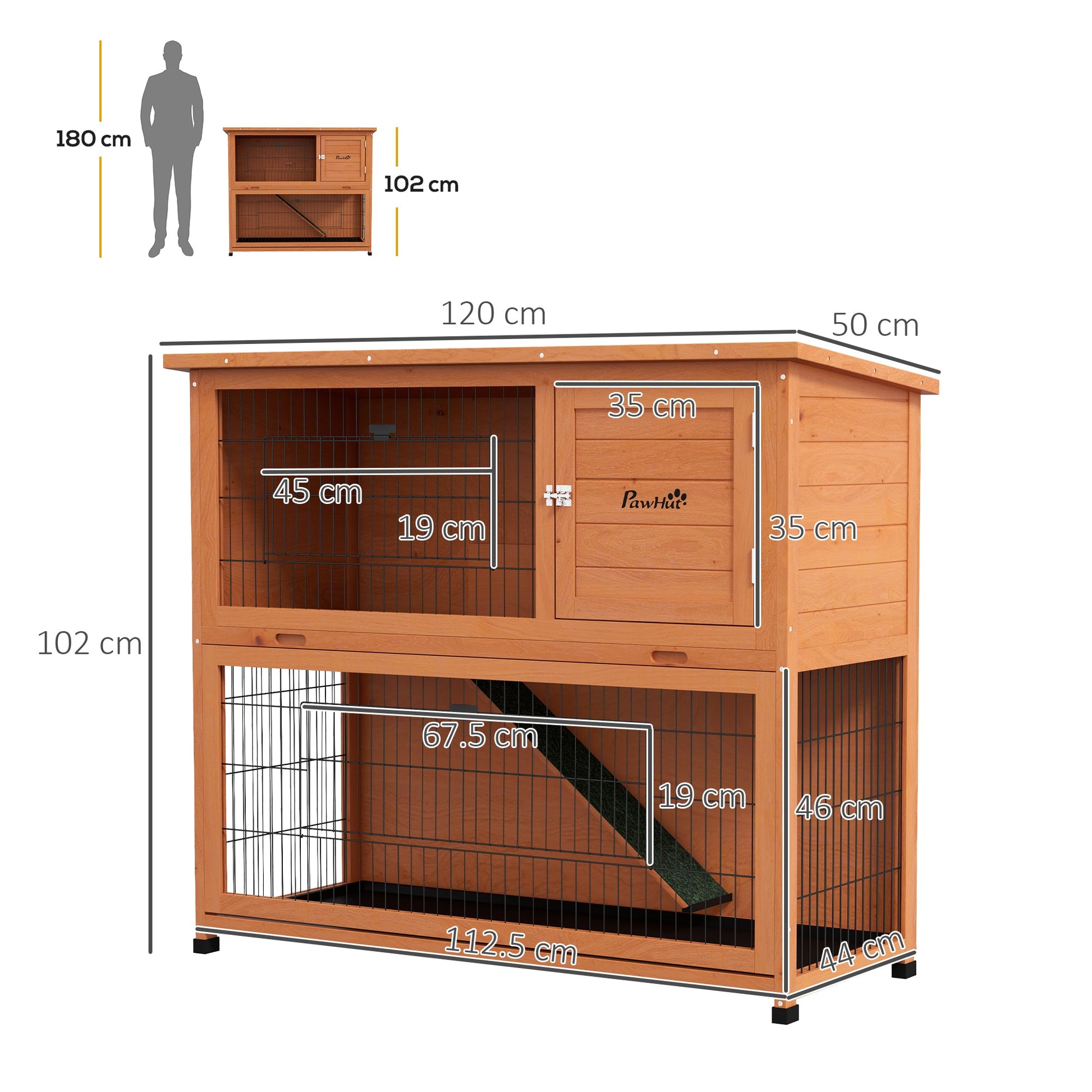 Rabbit Hutch Guinea Pig Hutch Wooden with No-Leak Tray, Asphalt Roof, Base, Antiseptic Wood Outdoor for 1-2 Rabbits 120 x 50 x 102cm - Orange