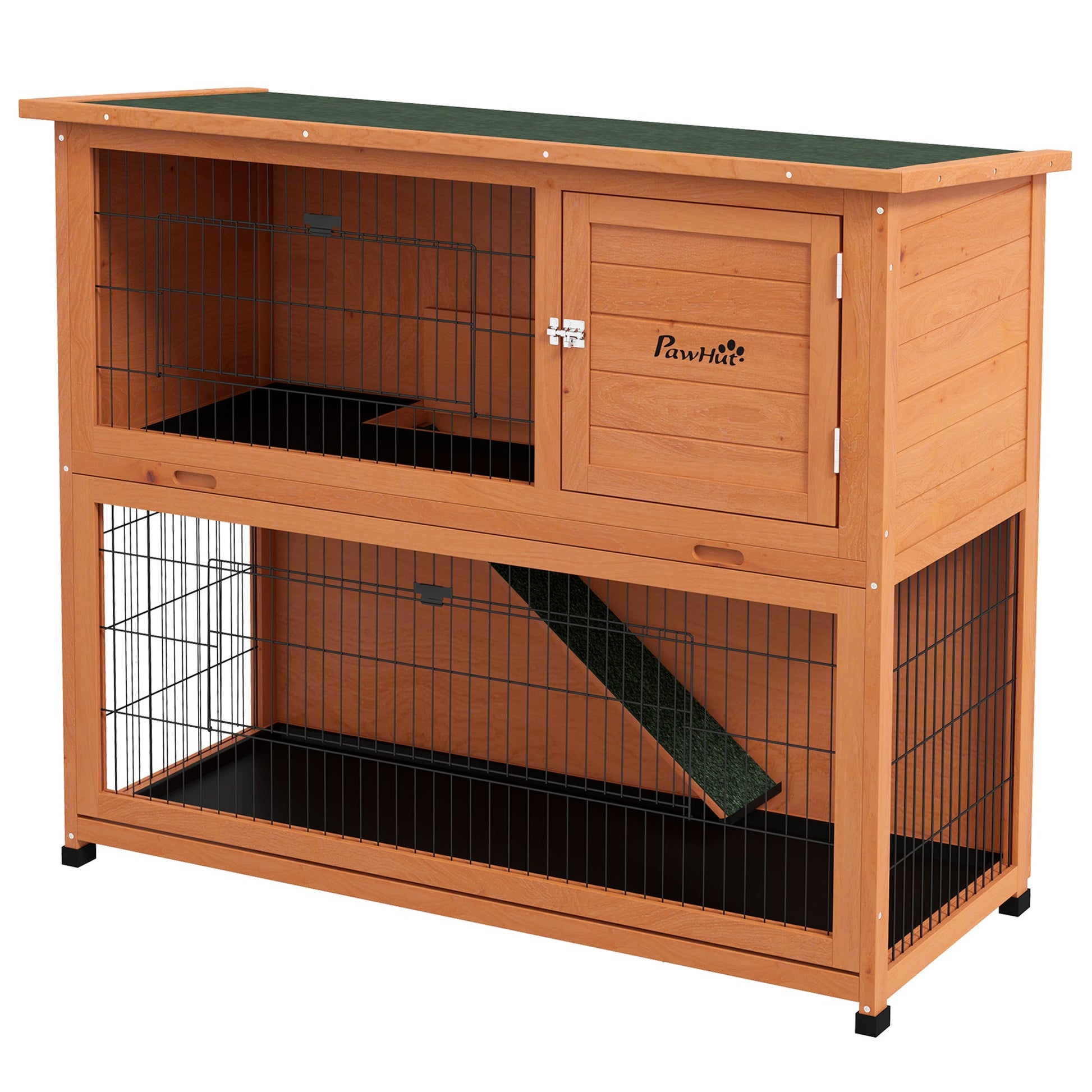 Rabbit Hutch Guinea Pig Hutch Wooden with No-Leak Tray, Asphalt Roof, Base, Antiseptic Wood Outdoor for 1-2 Rabbits 120 x 50 x 102cm - Orange