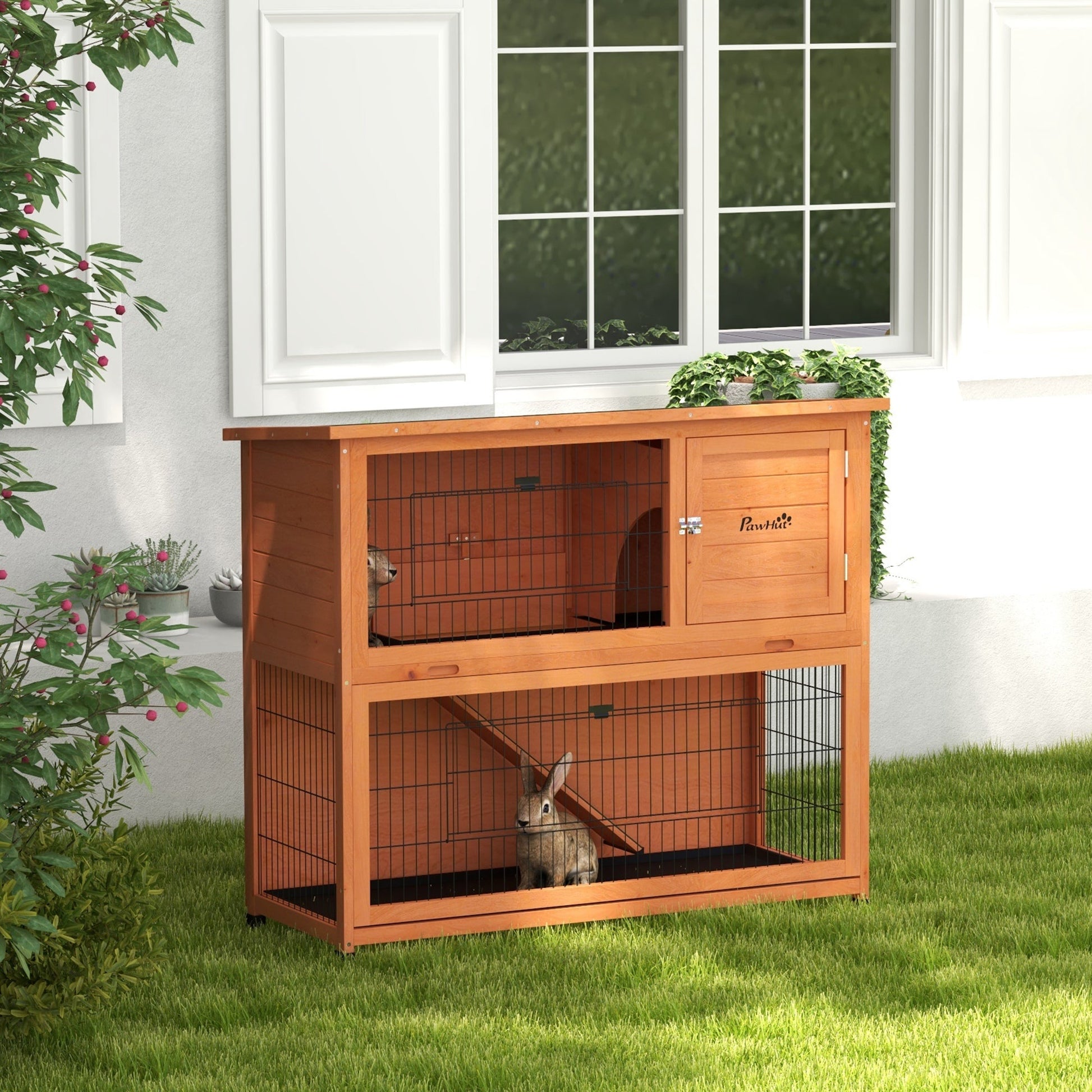 Rabbit Hutch Guinea Pig Hutch Wooden with No-Leak Tray, Asphalt Roof, Base, Antiseptic Wood Outdoor for 1-2 Rabbits 120 x 50 x 102cm - Orange