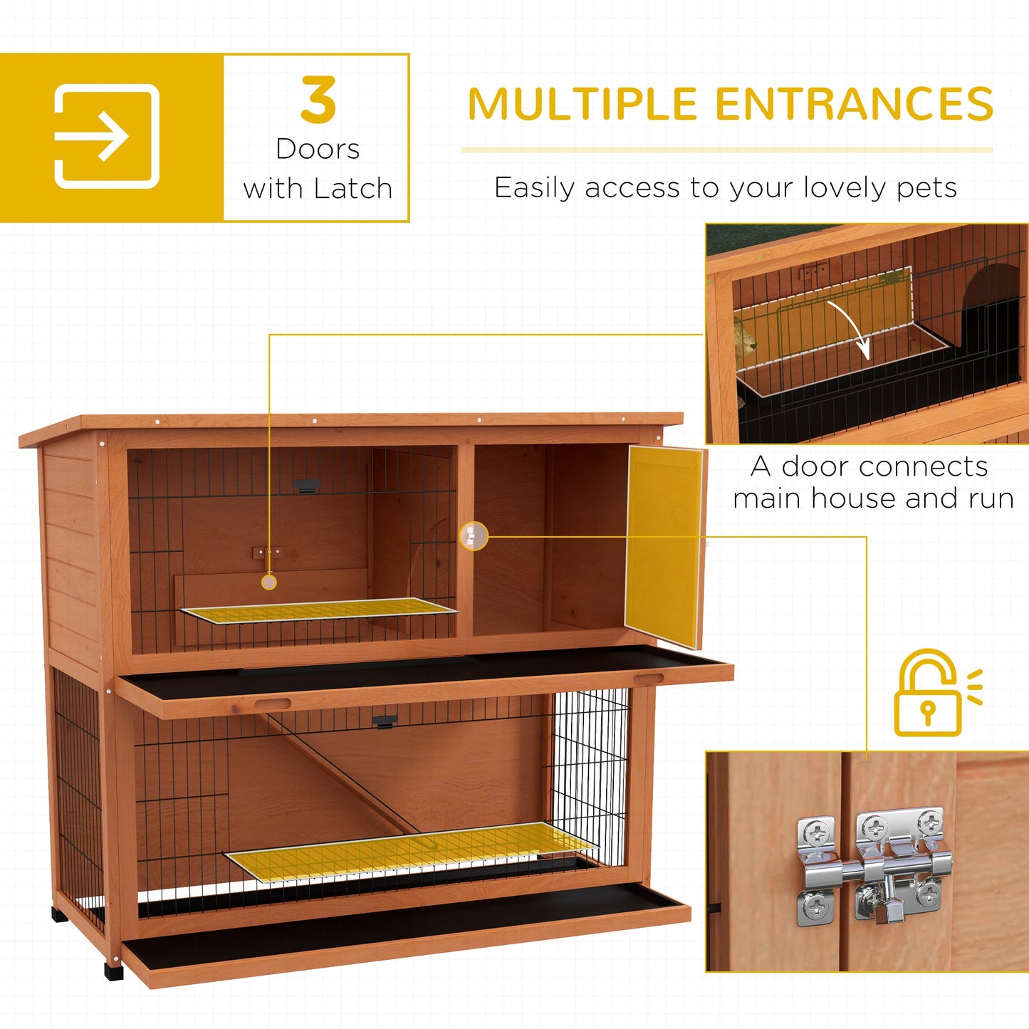 Rabbit Hutch Guinea Pig Hutch Wooden with No-Leak Tray, Asphalt Roof, Base, Antiseptic Wood Outdoor for 1-2 Rabbits 120 x 50 x 102cm - Orange