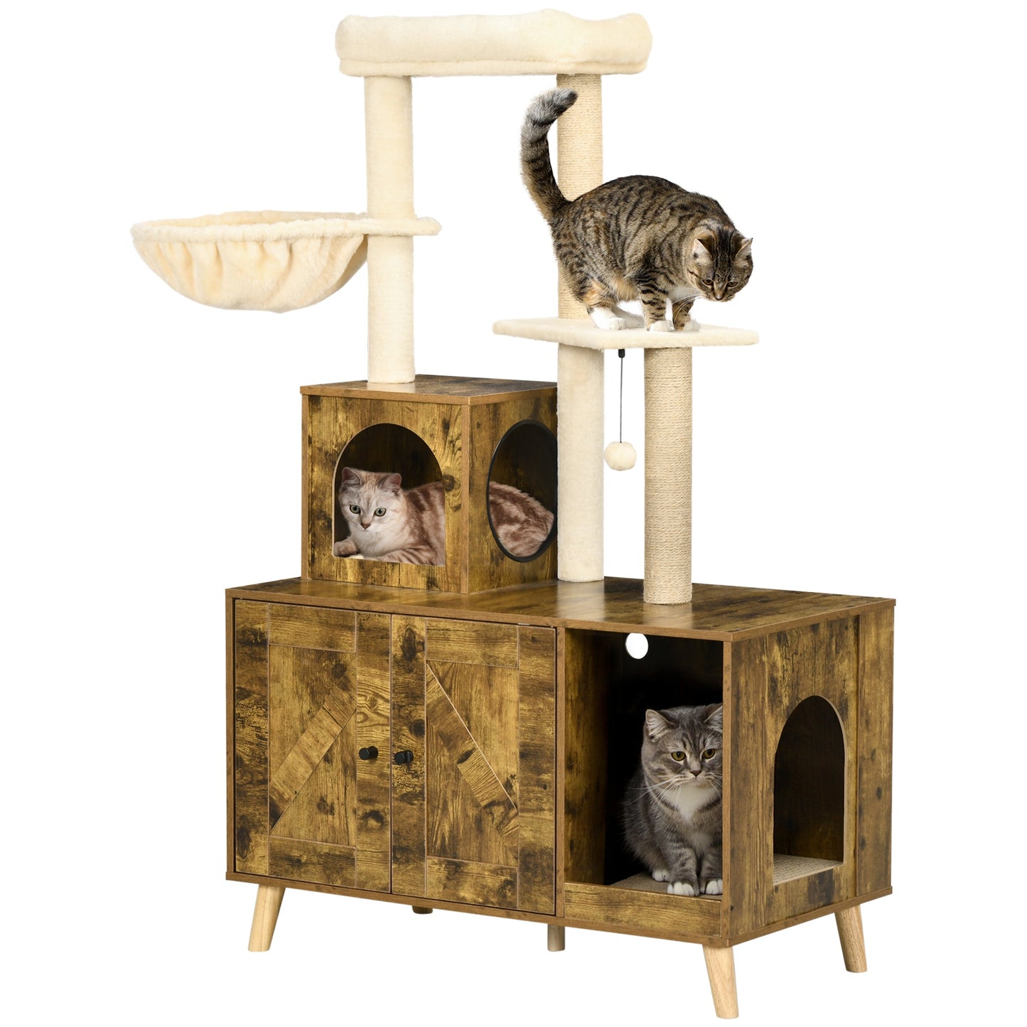 Cat Tree with Litter Box Enclosure, 2-in-1 Cat Tower for Indoor Cats with Cat House, Scratching Post, Hammock, Cushion, Rustic Brown