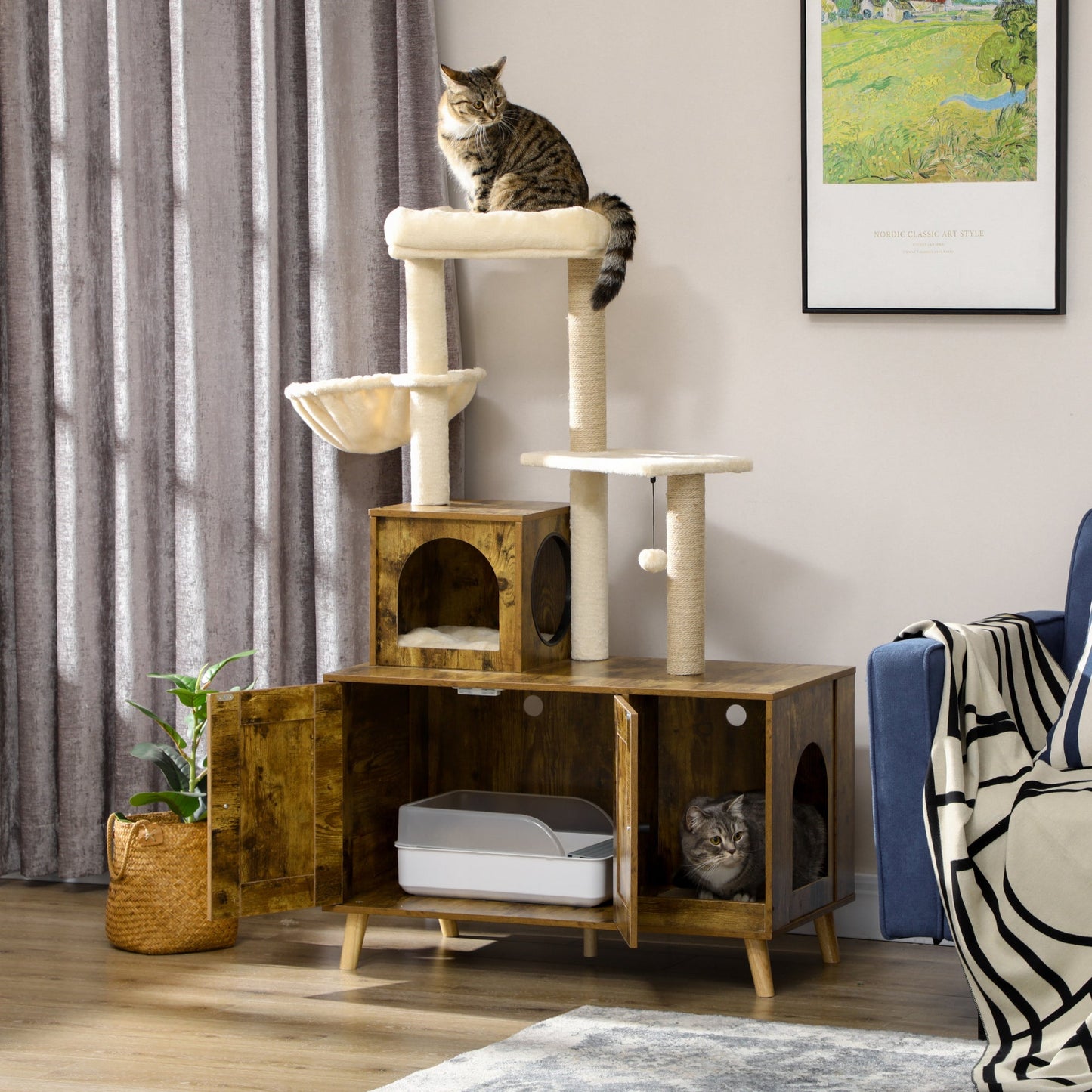 Cat Tree with Litter Box Enclosure, 2-in-1 Cat Tower for Indoor Cats with Cat House, Scratching Post, Hammock, Cushion, Rustic Brown