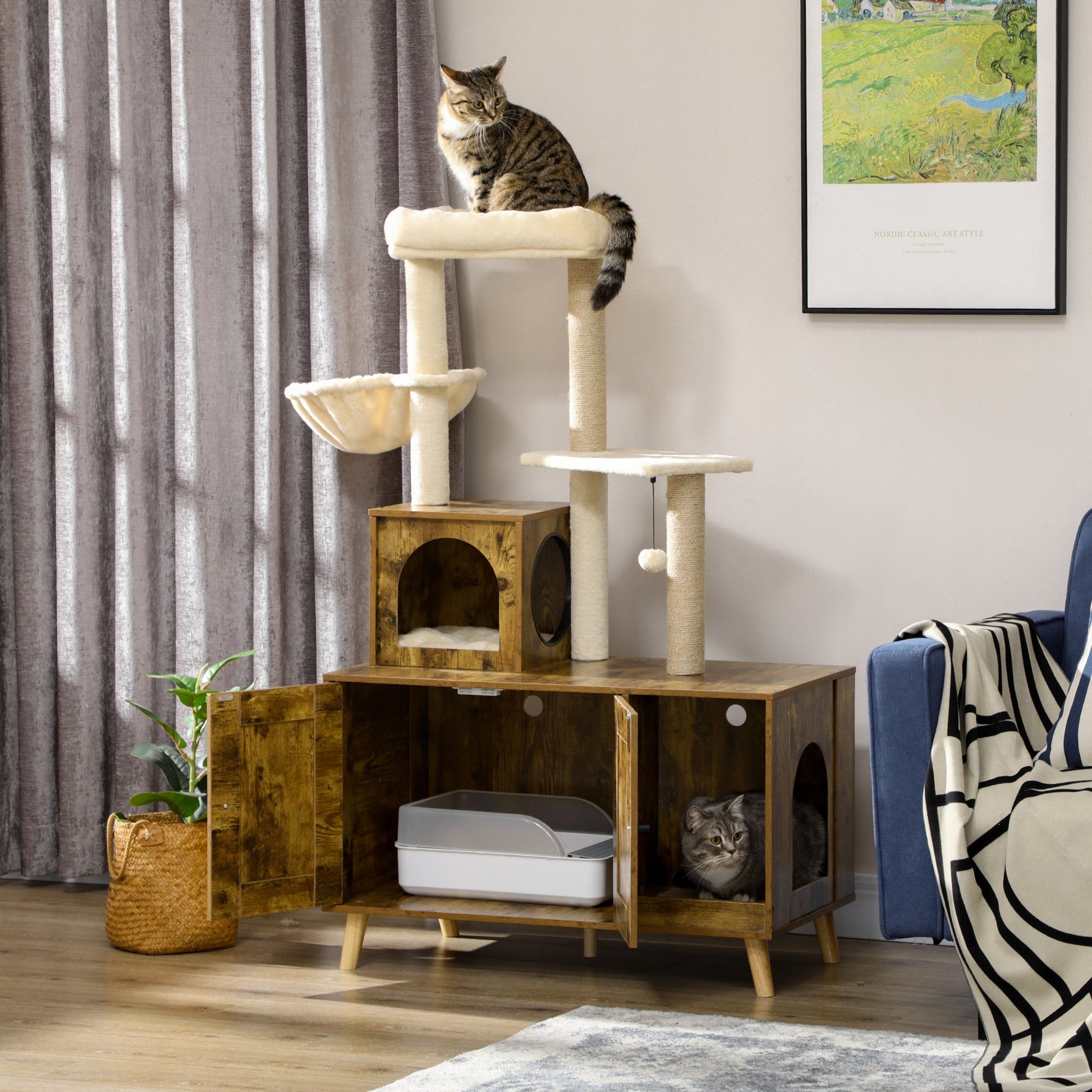 Cat Tree with Litter Box Enclosure, 2-in-1 Cat Tower for Indoor Cats with Cat House, Scratching Post, Hammock, Cushion, Rustic Brown