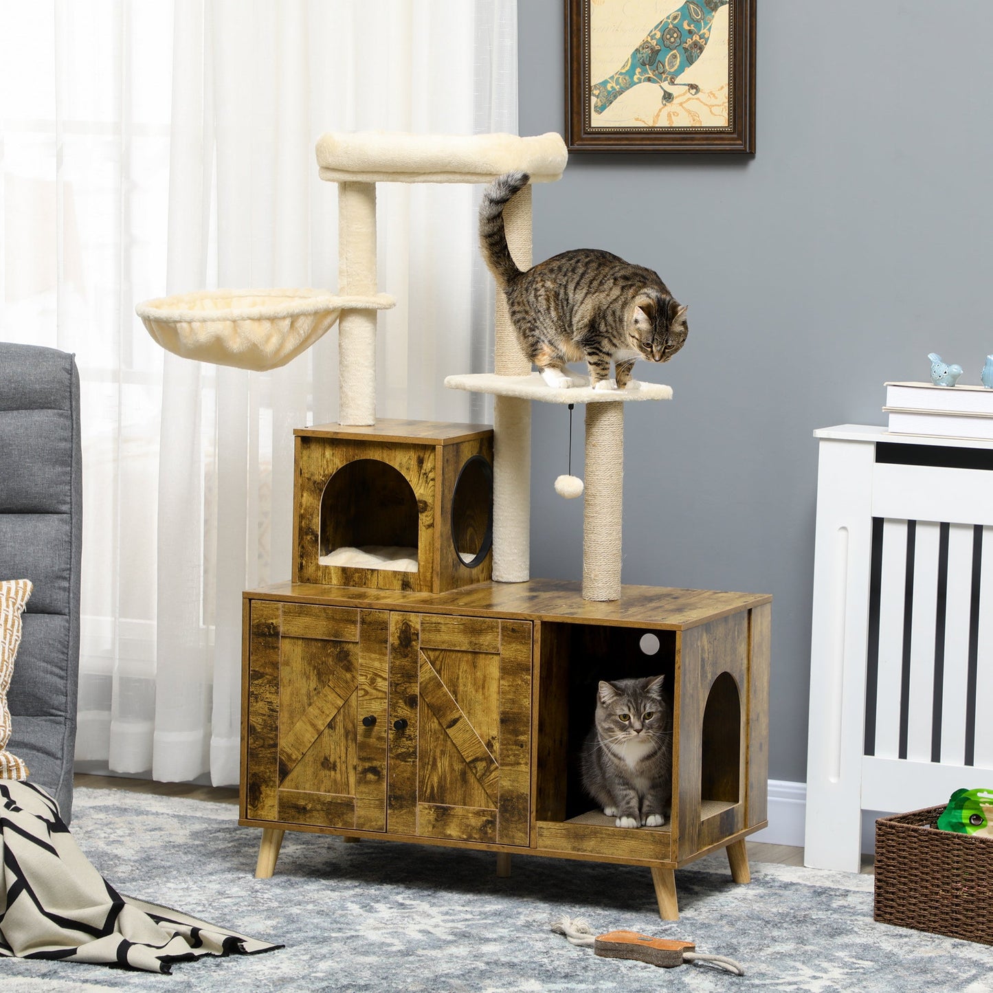 Cat Tree with Litter Box Enclosure, 2-in-1 Cat Tower for Indoor Cats with Cat House, Scratching Post, Hammock, Cushion, Rustic Brown