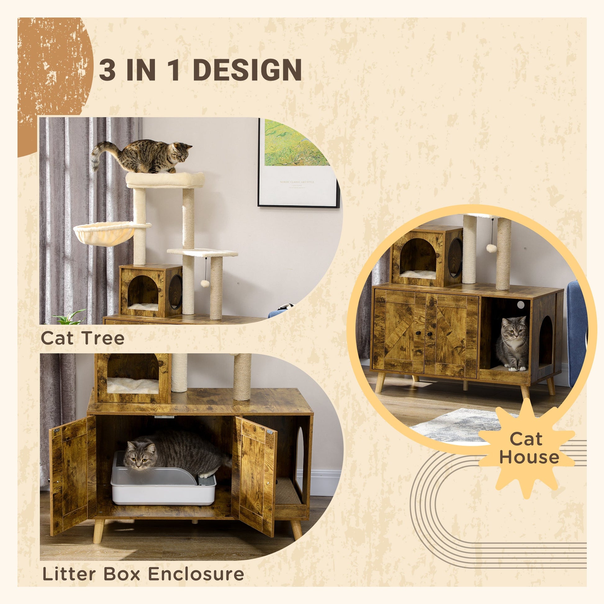 Cat Tree with Litter Box Enclosure, 2-in-1 Cat Tower for Indoor Cats with Cat House, Scratching Post, Hammock, Cushion, Rustic Brown