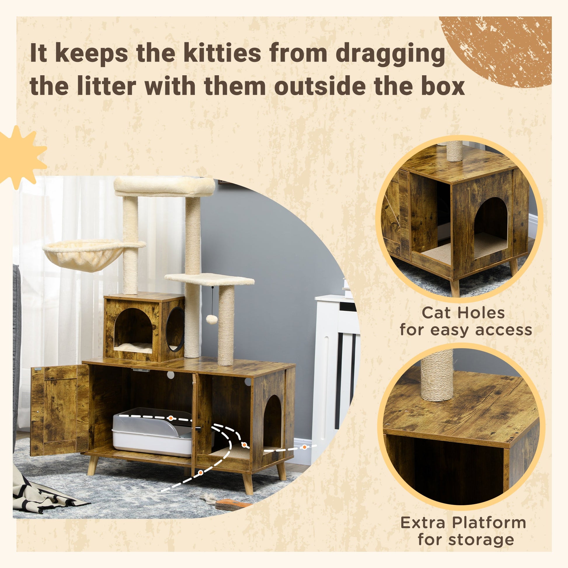 Cat Tree with Litter Box Enclosure, 2-in-1 Cat Tower for Indoor Cats with Cat House, Scratching Post, Hammock, Cushion, Rustic Brown