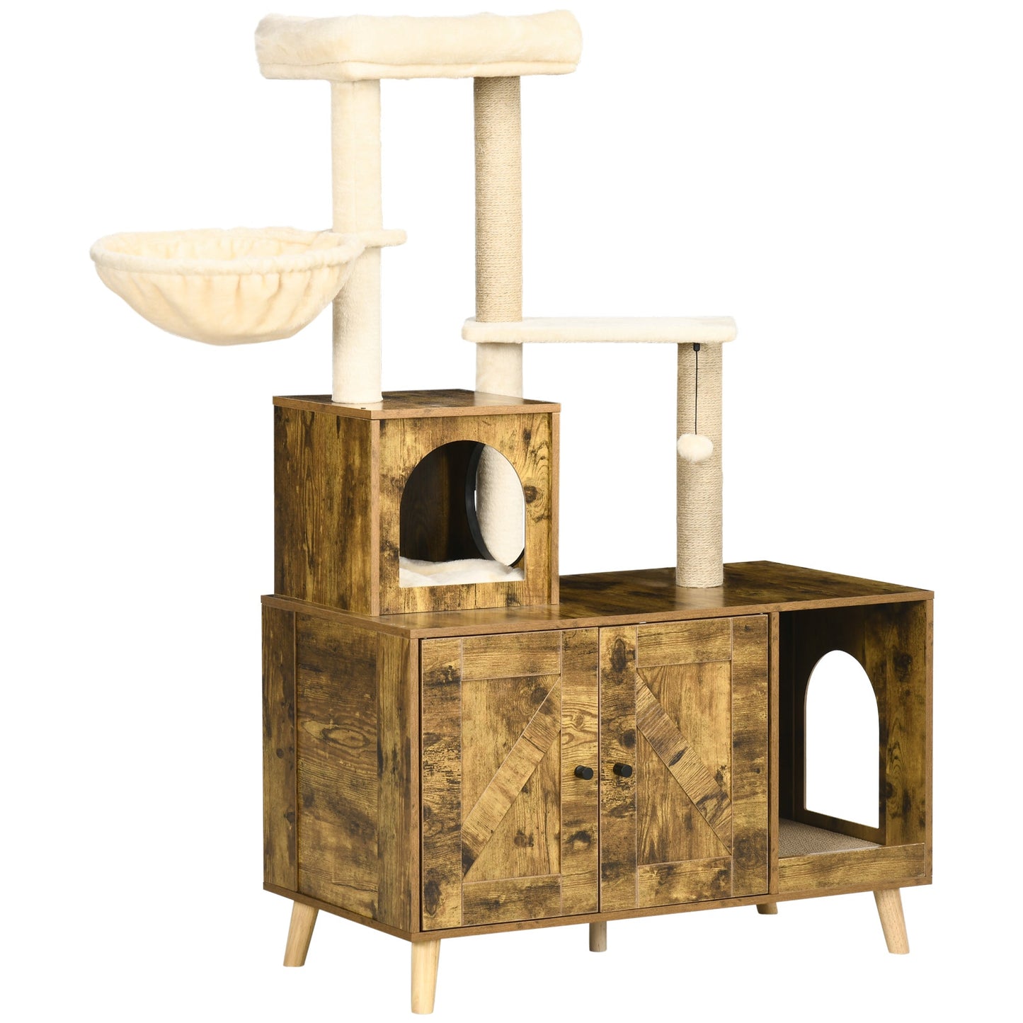 Cat Tree with Litter Box Enclosure, 2-in-1 Cat Tower for Indoor Cats with Cat House, Scratching Post, Hammock, Cushion, Rustic Brown