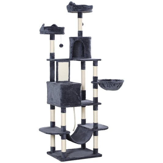 Cat Tree, 206cm Cat Tower with Sisal Scratching Posts and Board, Beds, Condos, Platforms, Hammocks, Toy Balls & Rope, Anti-Tip Kit, Kitten Activity Centre for Indoor, Dark Grey