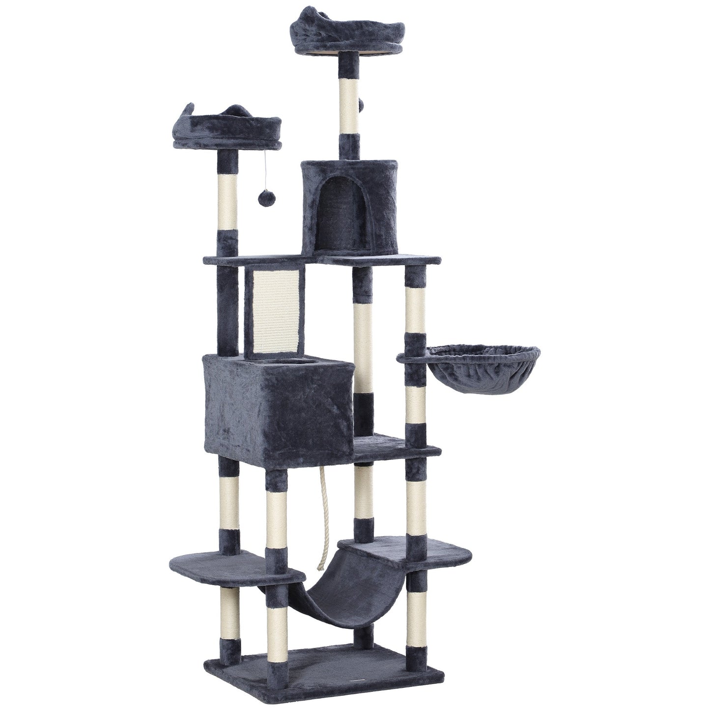 Cat Tree, 206cm Cat Tower with Sisal Scratching Posts and Board, Beds, Condos, Platforms, Hammocks, Toy Balls & Rope, Anti-Tip Kit, Kitten Activity Centre for Indoor, Dark Grey