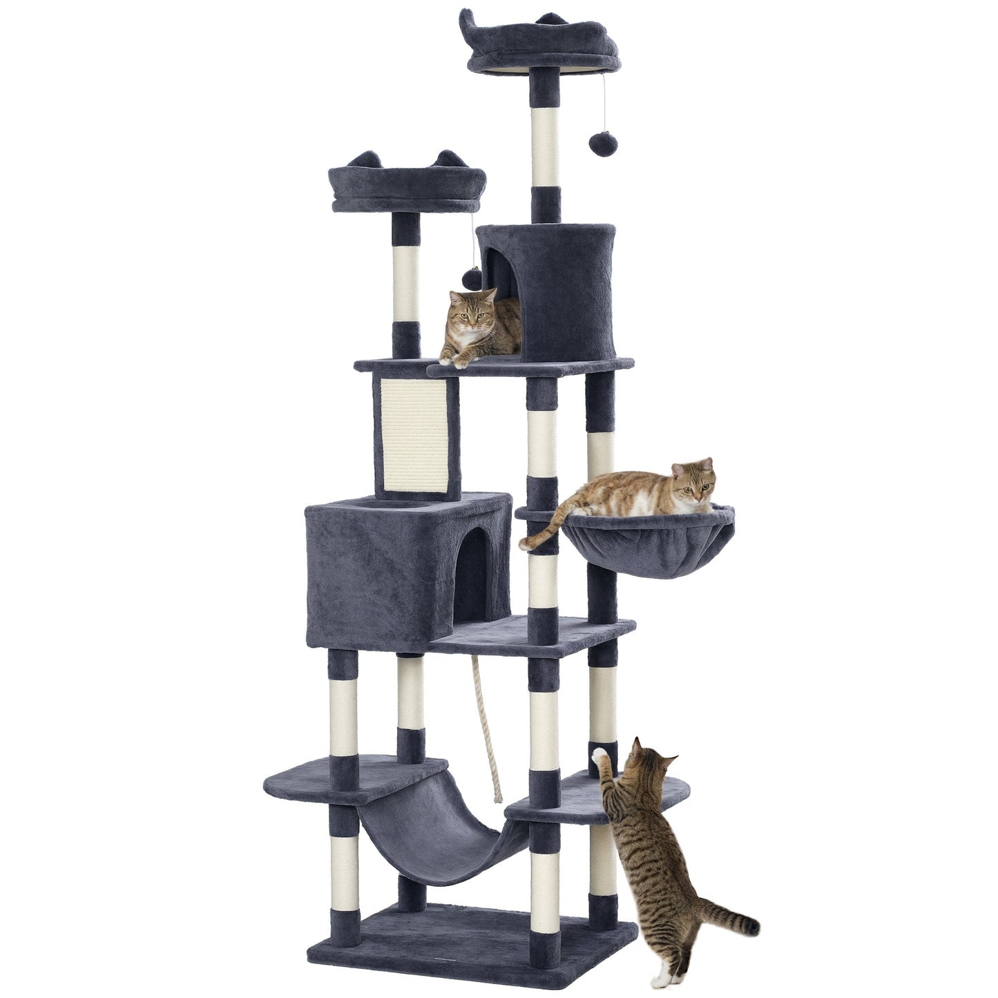 Cat Tree, 206cm Cat Tower with Sisal Scratching Posts and Board, Beds, Condos, Platforms, Hammocks, Toy Balls & Rope, Anti-Tip Kit, Kitten Activity Centre for Indoor, Dark Grey