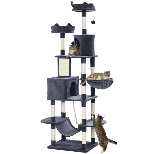 Cat Tree, 206cm Cat Tower with Sisal Scratching Posts and Board, Beds, Condos, Platforms, Hammocks, Toy Balls & Rope, Anti-Tip Kit, Kitten Activity Centre for Indoor, Dark Grey