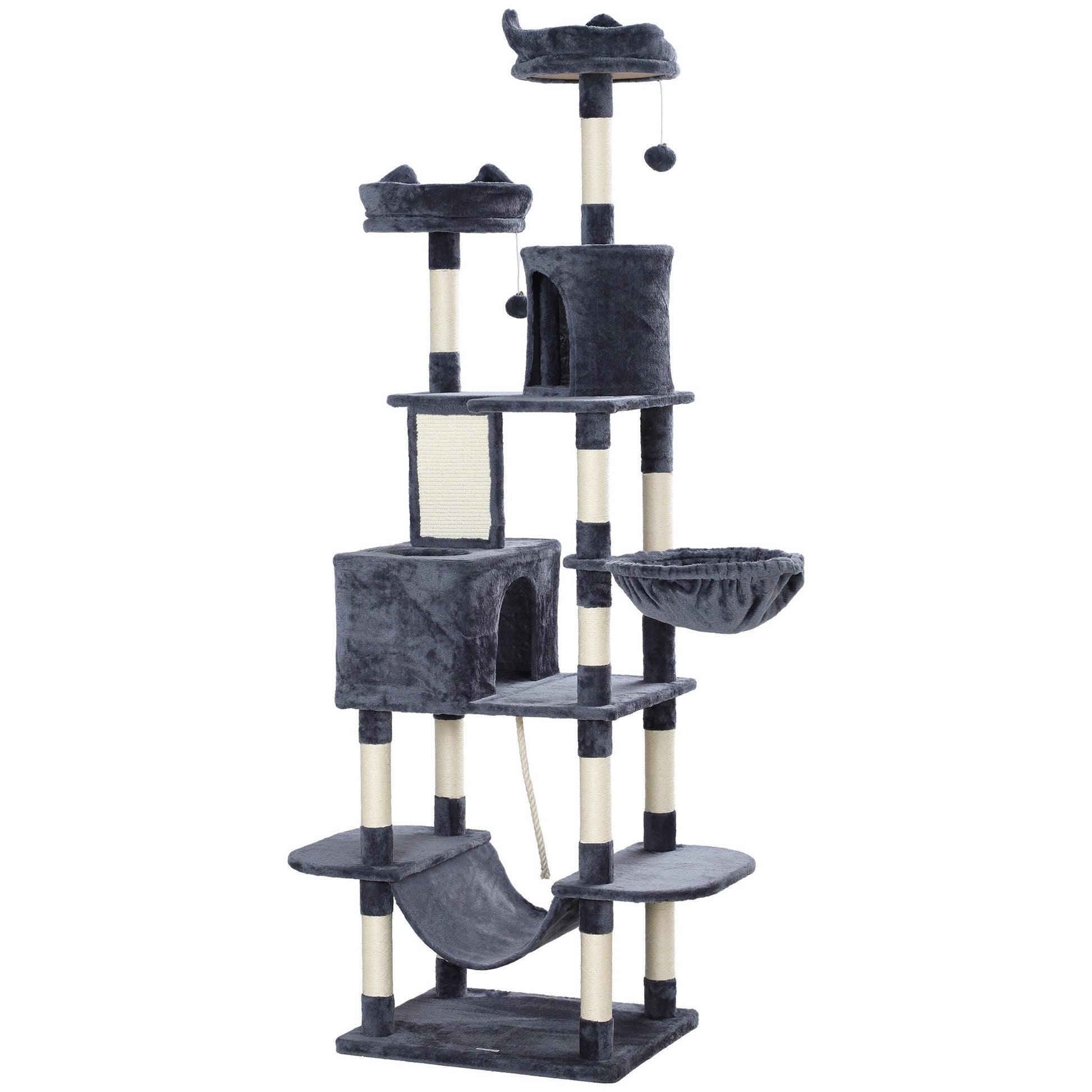 Cat Tree, 206cm Cat Tower with Sisal Scratching Posts and Board, Beds, Condos, Platforms, Hammocks, Toy Balls & Rope, Anti-Tip Kit, Kitten Activity Centre for Indoor, Dark Grey